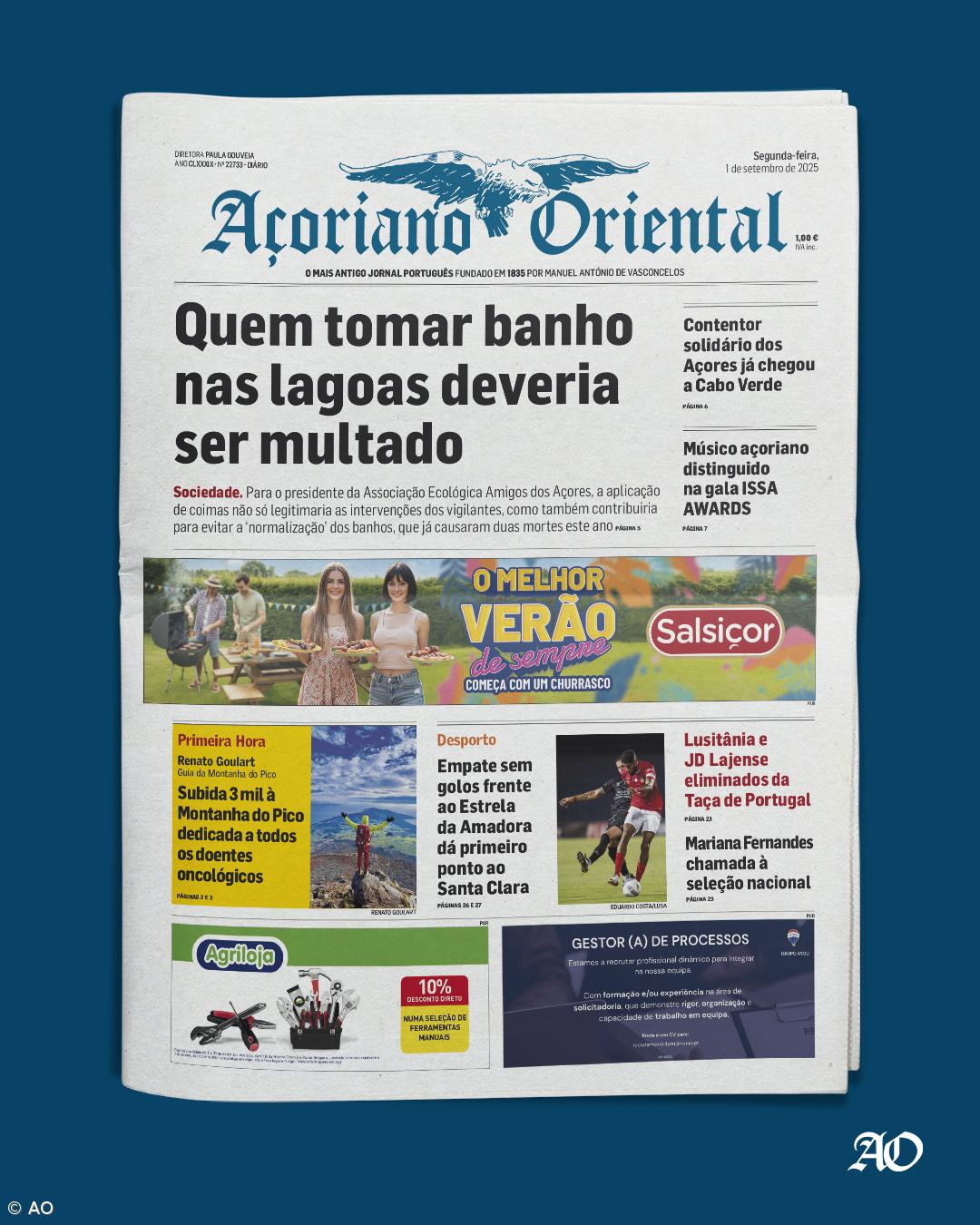 "Quem tomar banho nas lagoas deveria ser multado" é a manchete do Açoriano Oriental – Imagem 1