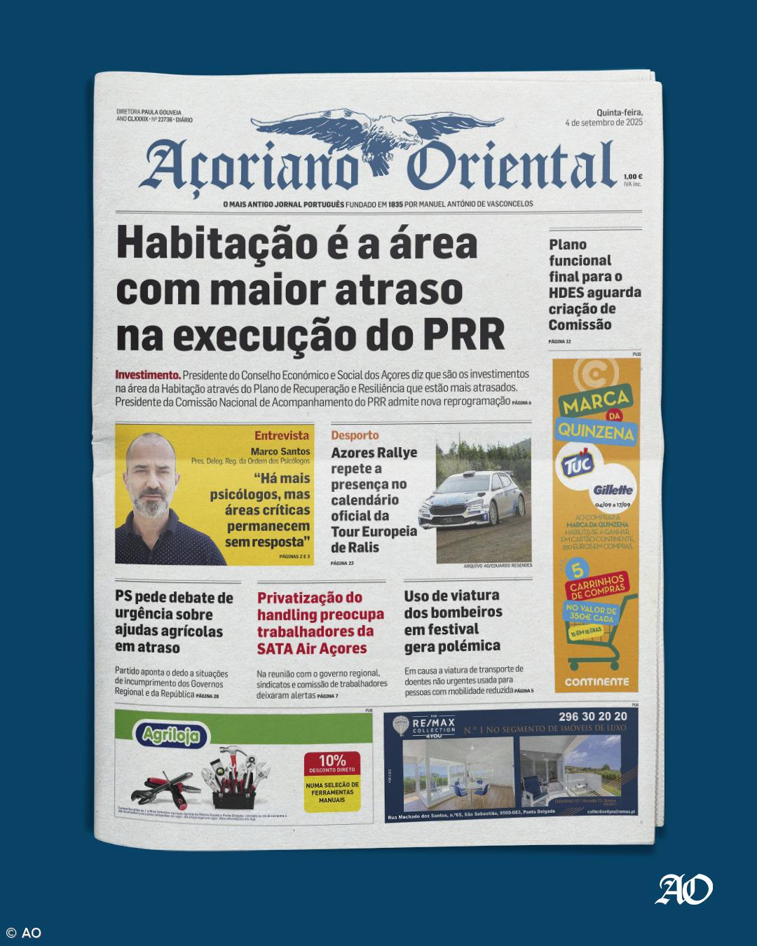 "Habitação é a área com maior atraso na execução do PRR" é a manchete do Açoriano Oriental – Imagem 1