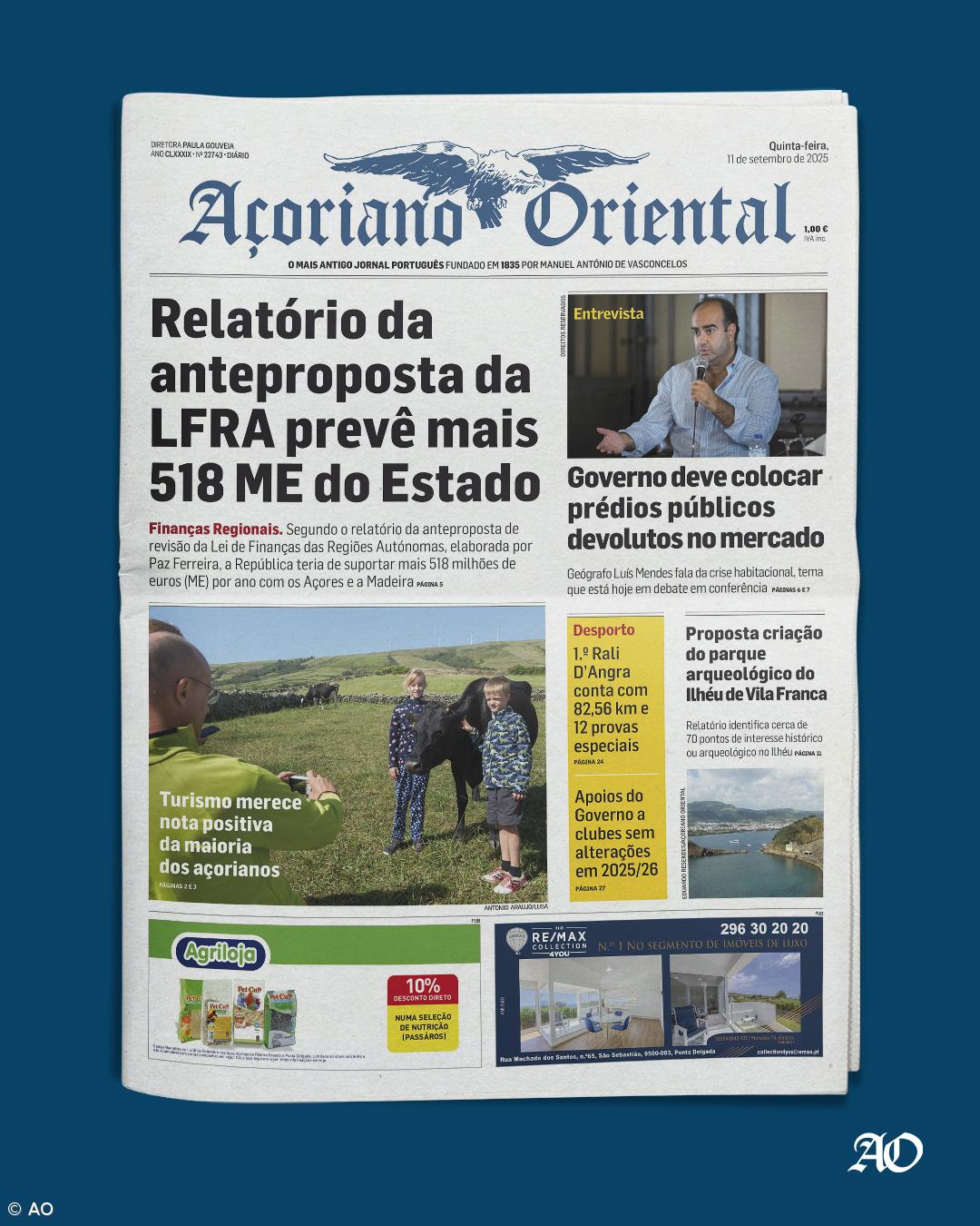 "Relatório da anteproposta da LFRA prevê mais 518 ME do Estado" é a manchete do Açoriano Oriental – Imagem 1