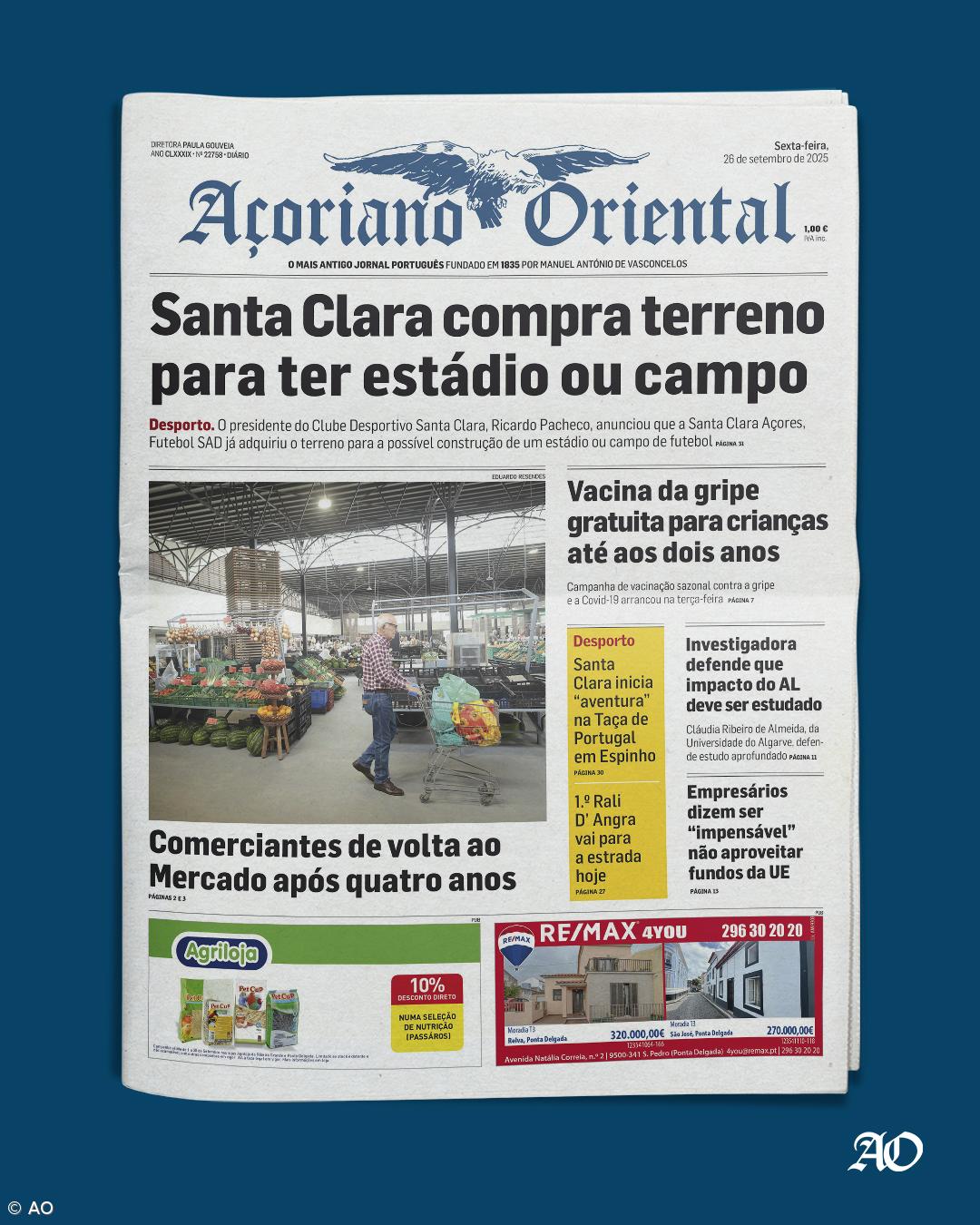 "Santa Clara compra terreno para ter estádio ou campo" é a manchete do Açoriano Oriental – Imagem 1