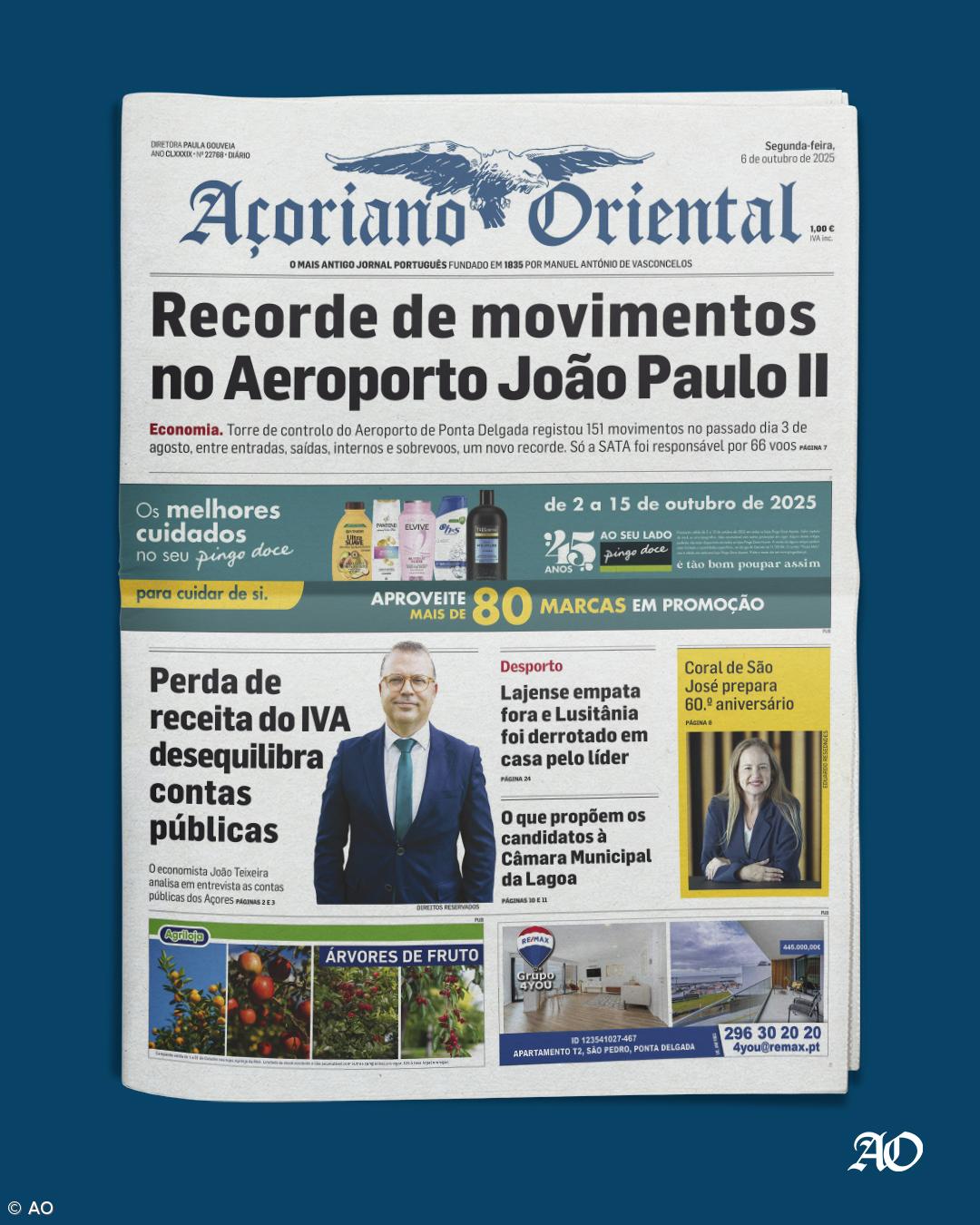 "Recorde de movimentos no Aeroporto João Paulo II" é a manchete do Açoriano Oriental – Imagem 1