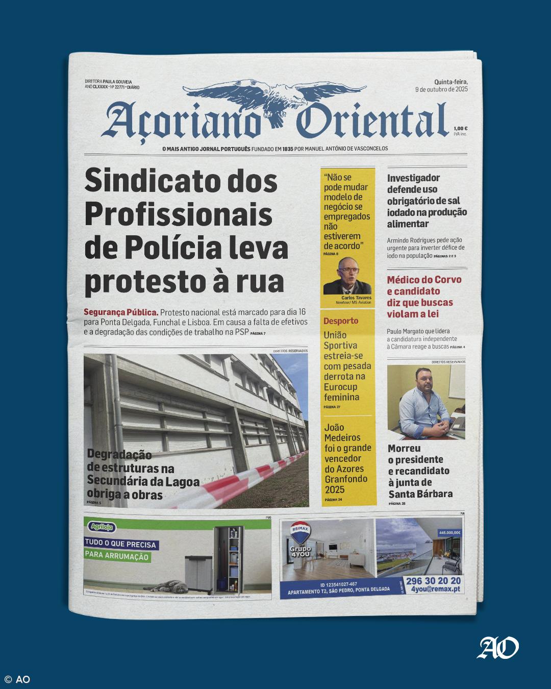 "Sindicato dos Profissionais de Polícia leva protesto à rua" é a manchete do Açoriano Oriental – Imagem 1