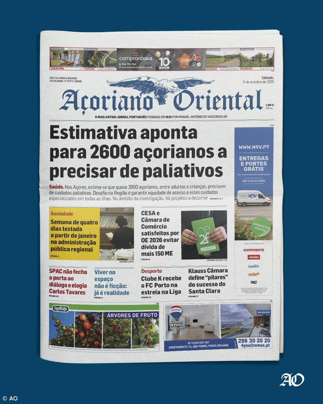 "Estimativa aponta para 2600 açorianos a precisar de paliativos" é a manchete do Açoriano Oriental – Imagem 1
