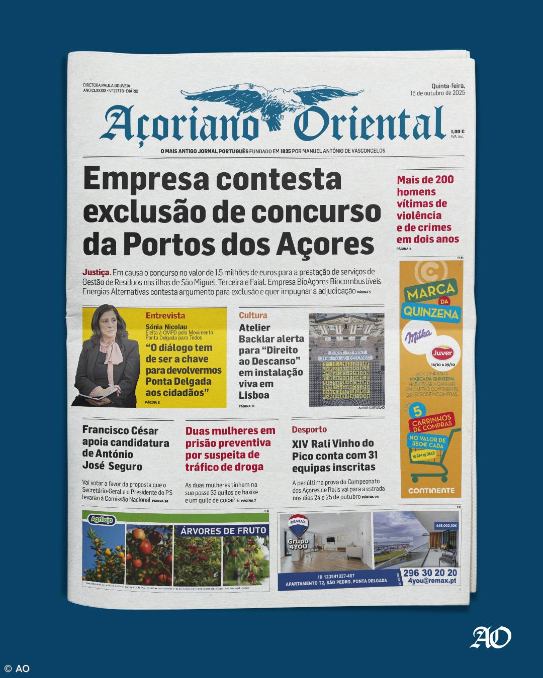 "Empresa contesta exclusão de concurso da Portos dos Açores" é a manchete do Açoriano Oriental – Imagem 1