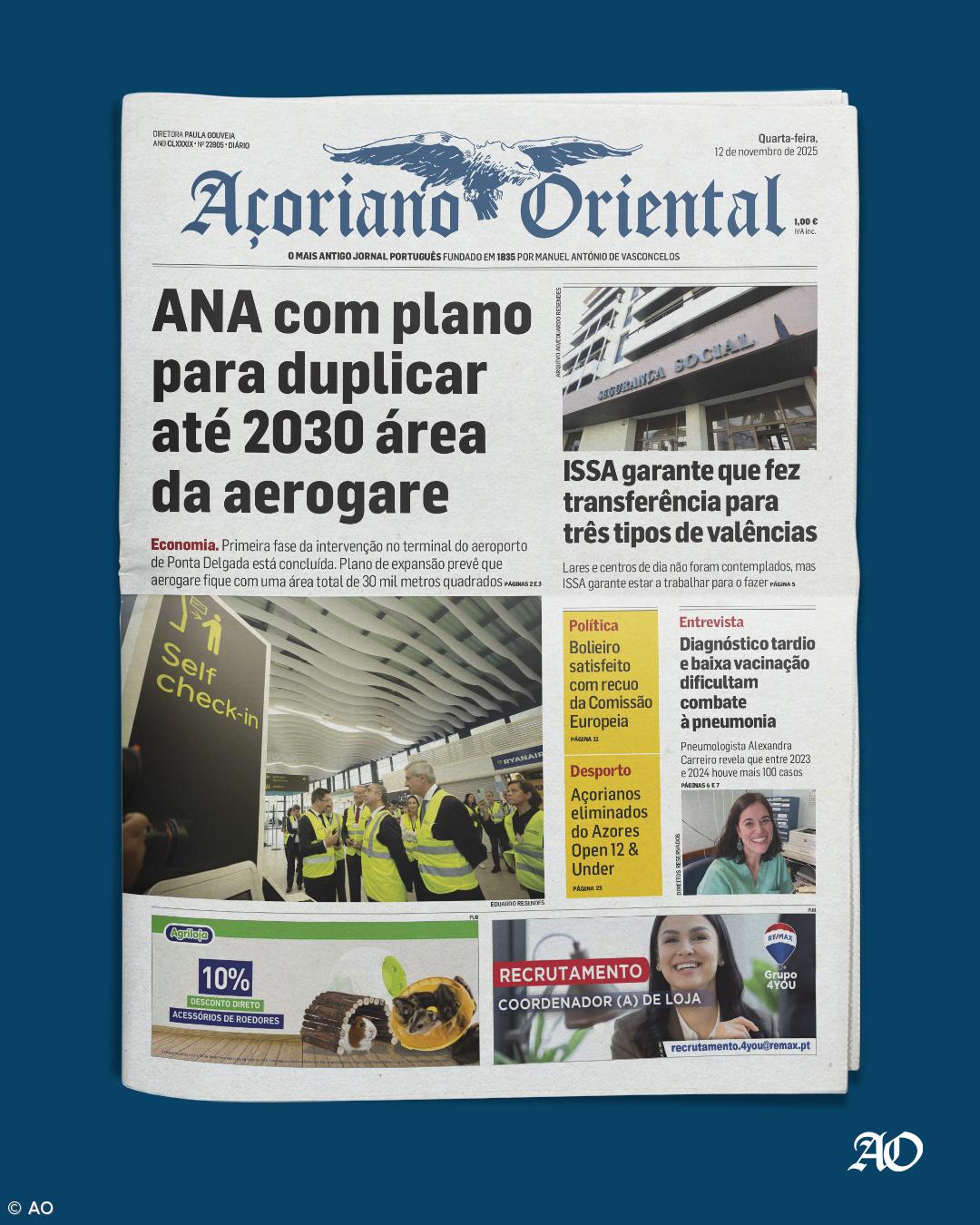 "ANA com plano para duplicar até 2030 área da aerogare" é a manchete do Açoriano Oriental – Imagem 1