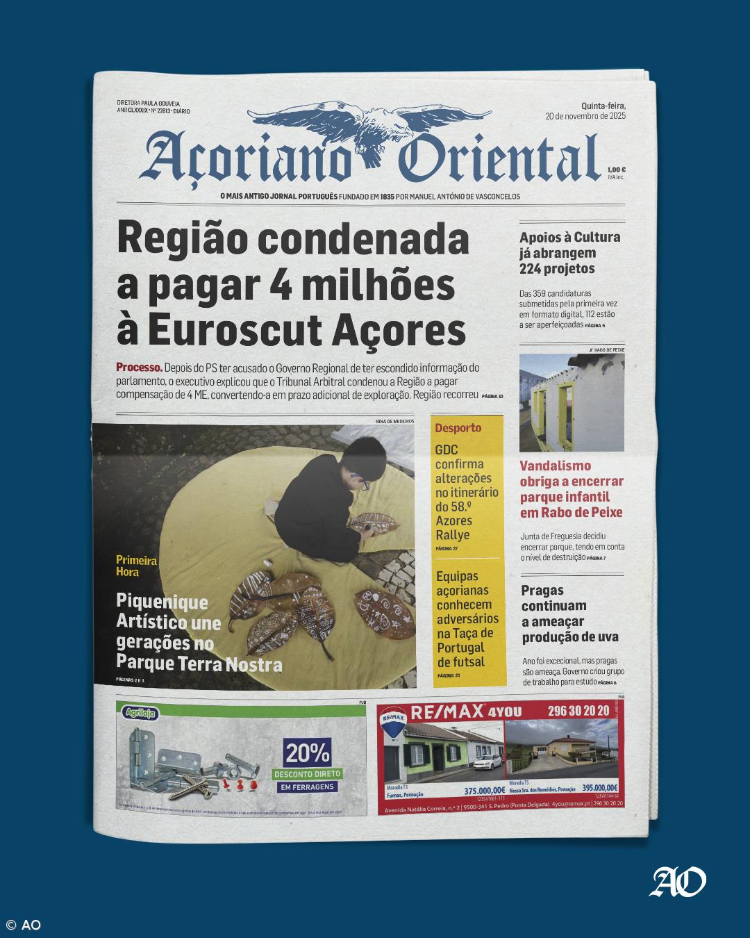 "Região condenada a pagar 4 milhões à Euroscut Açores" é a manchete do Açoriano Oriental – Imagem 1