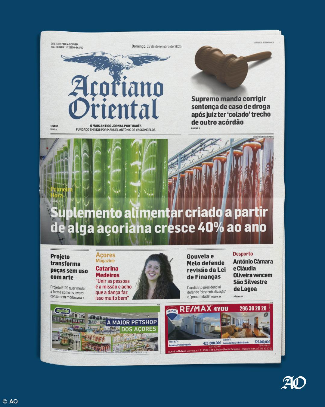 "Suplemento alimentar criado a partir de alga açoriana cresce 40% ao ano" é a manchete do Açoriano Oriental – Imagem 1