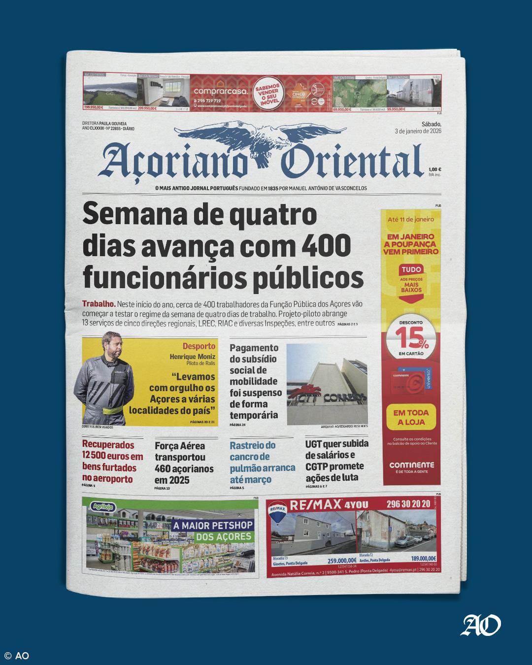 "Semana de quatro dias avança com 400 funcionários públicos" é a manchete do Açoriano Oriental – Imagem 1