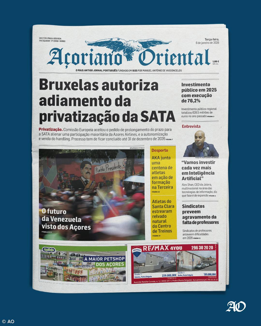 "Bruxelas autoriza adiamento da privatização da SATA" é a manchete do Açoriano Oriental – Imagem 1