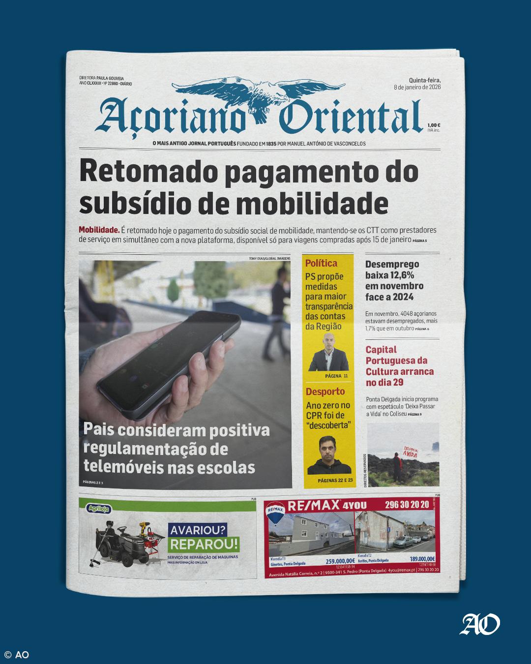 "Retomado pagamento do subsídio de mobilidade" é a manchete do Açoriano Oriental – Imagem 1