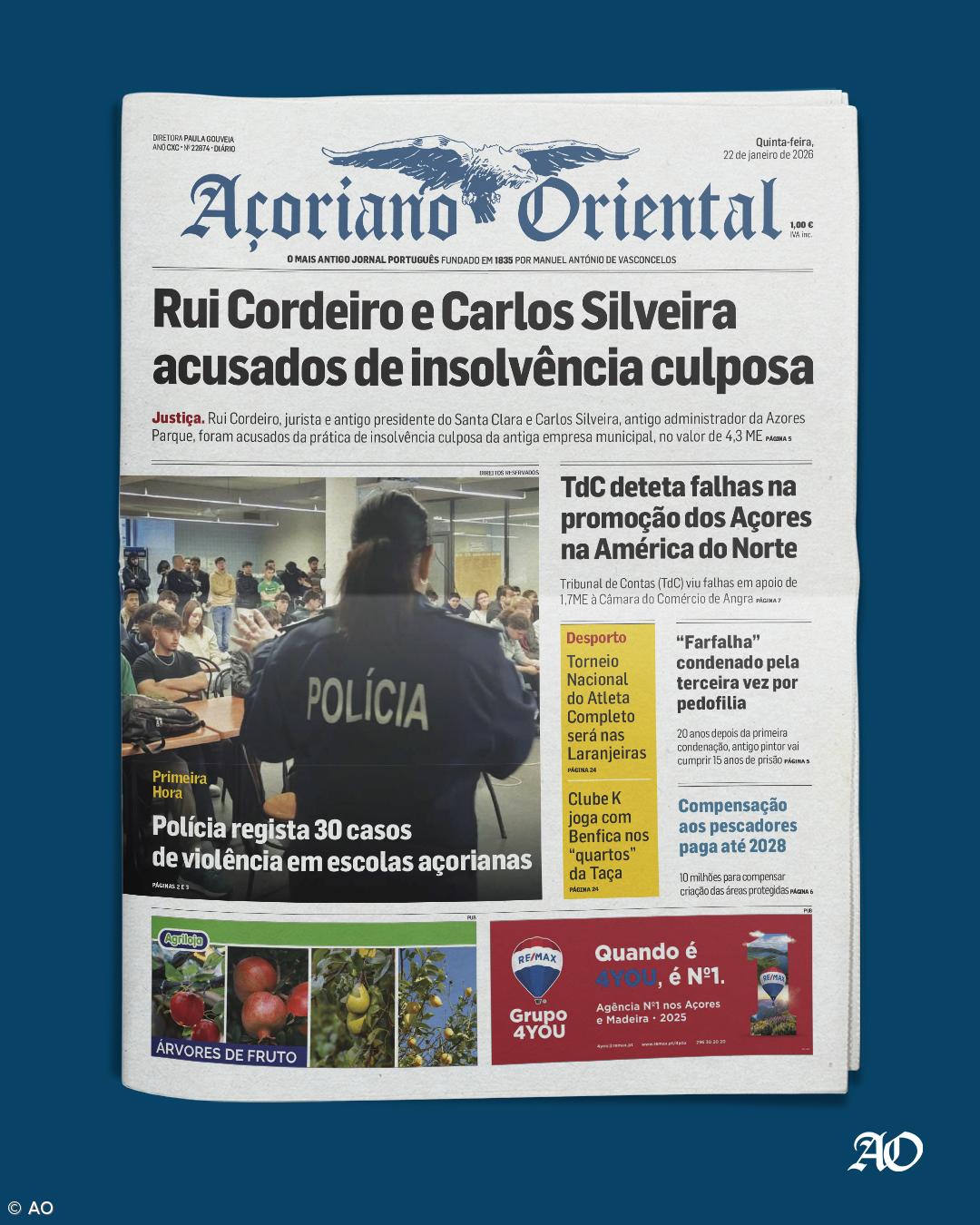 "Rui Cordeiro e Carlos Silveira acusados de insolvência culposa" é a manchete do Açoriano Oriental – Imagem 1