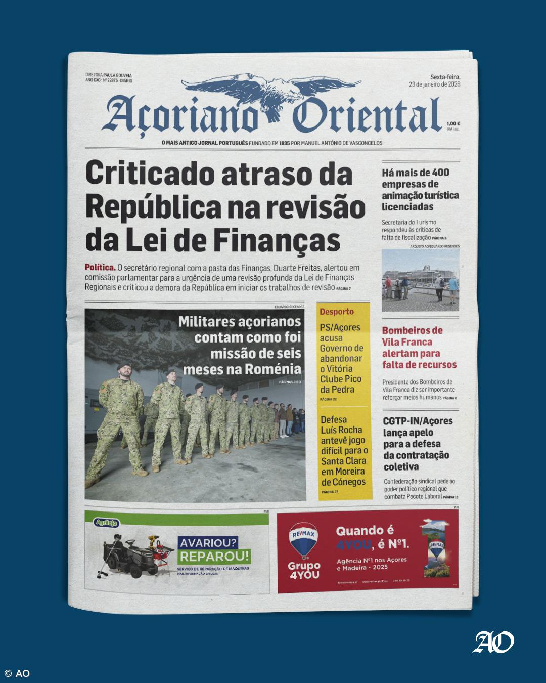 "Criticado atraso da República na revisão da Lei de Finanças" é a manchete do Açoriano Oriental – Imagem 1