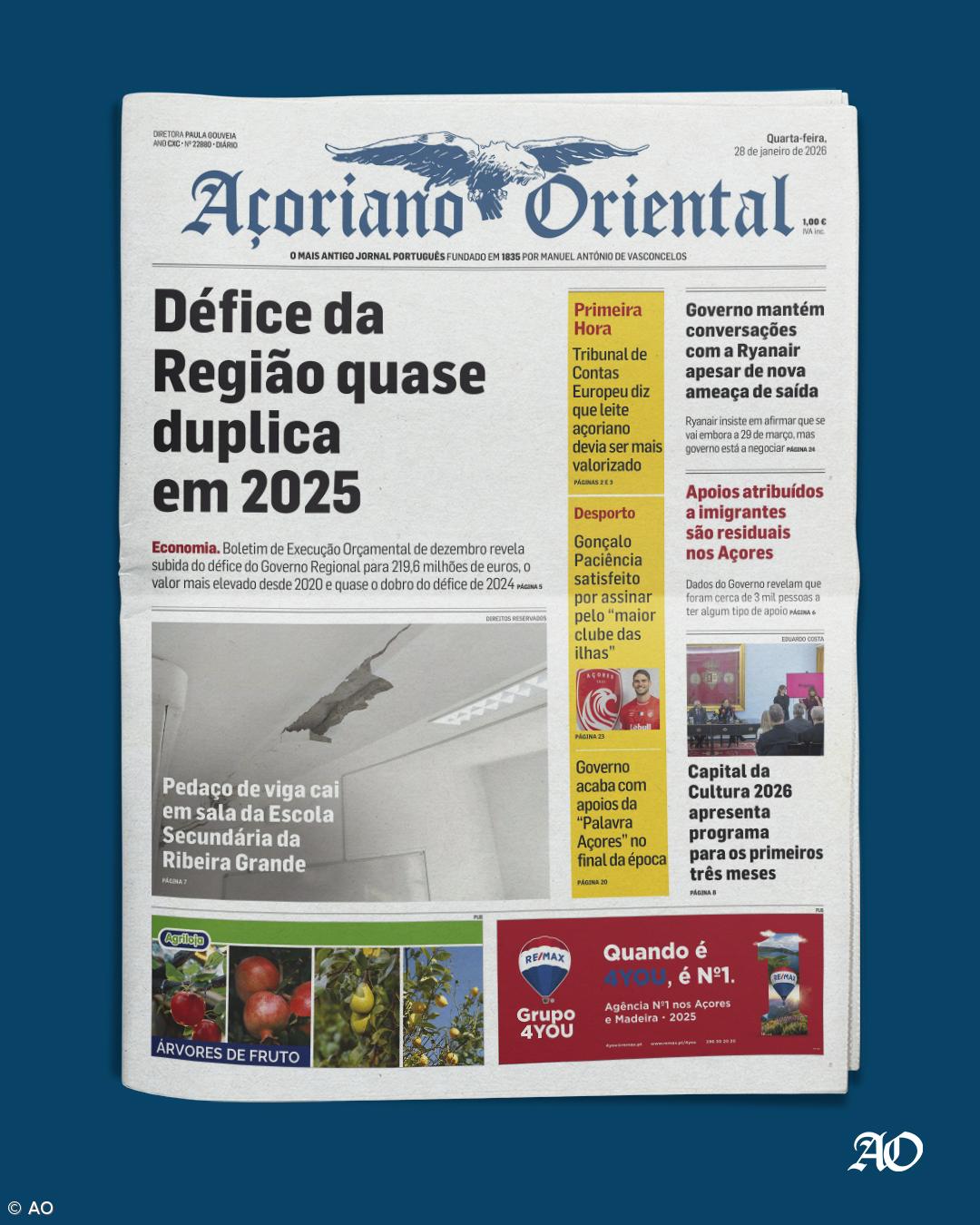 "Défice da Região quase duplica em 2025" é a manchete do Açoriano Oriental – Imagem 1
