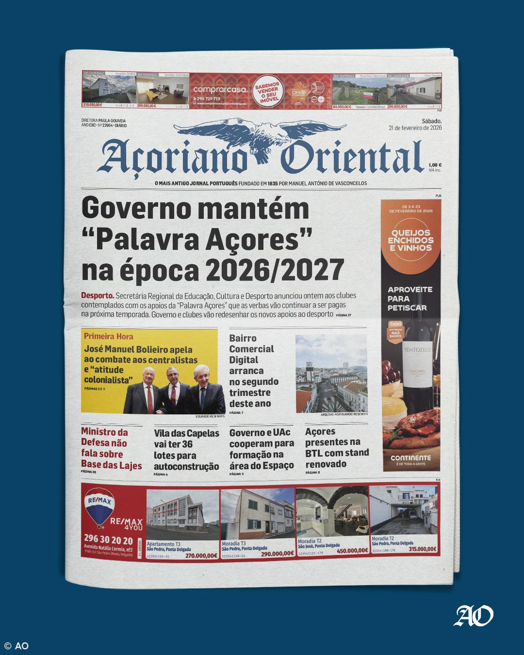"Governo mantém 'Palavra Açores' na época 2026/2027" é a manchete do Açoriano Oriental – Imagem 1