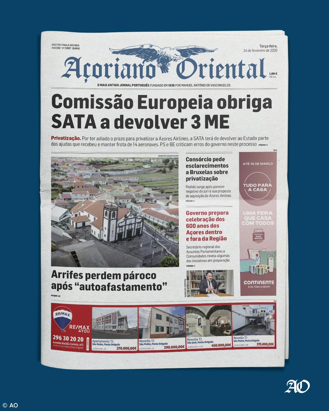 "Comissão Europeia obriga SATA a devolver 3 ME" é a manchete do Açoriano Oriental – Imagem 1