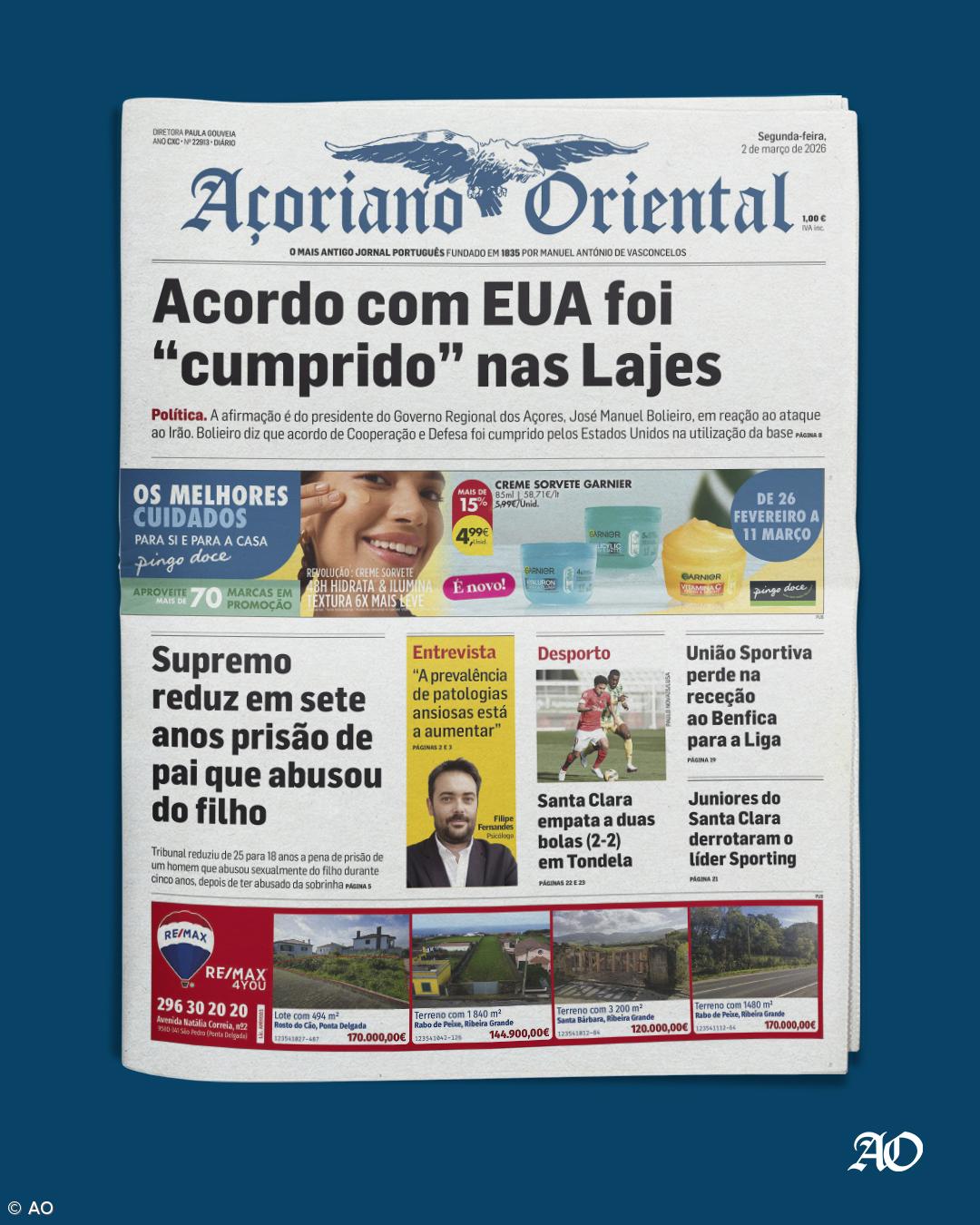 "Acordo com EUA foi 'cumprido' nas Lajes" é a manchete do Açoriano Oriental  – Imagem 1