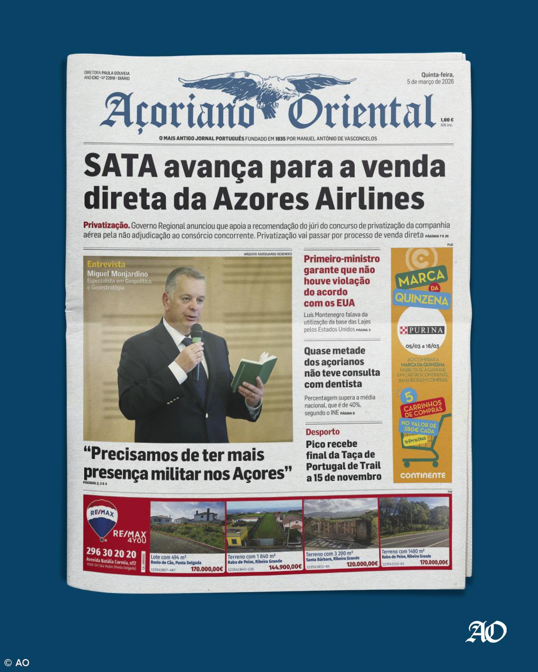 "SATA avança para a venda direta da Azores Airlines" é a manchete do Açoriano Oriental – Imagem 1