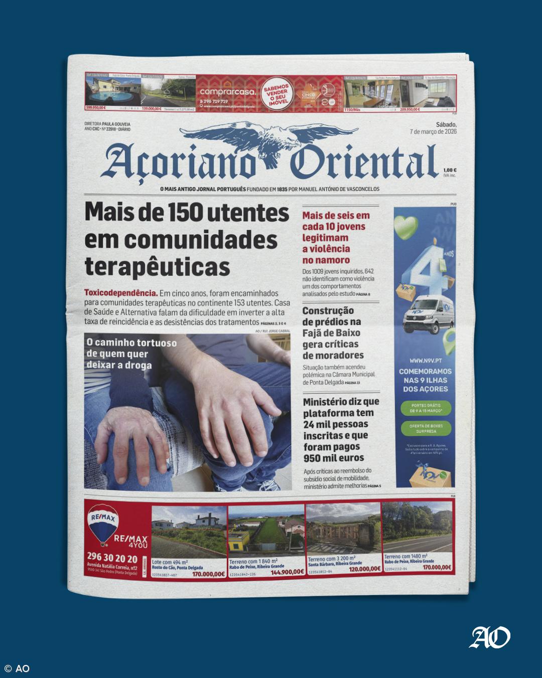 "Mais de 150 utentes em comunidades terapêuticas" é a manchete do Açoriano Oriental – Imagem 1