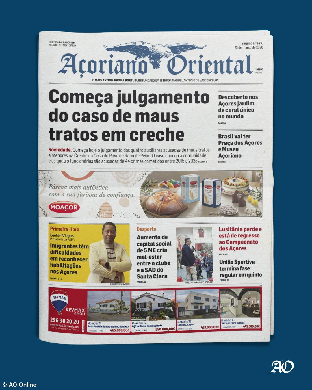 "Começa julgamento do caso de maus tratos em creche" é a manchete do Açoriano Oriental – Imagem 1