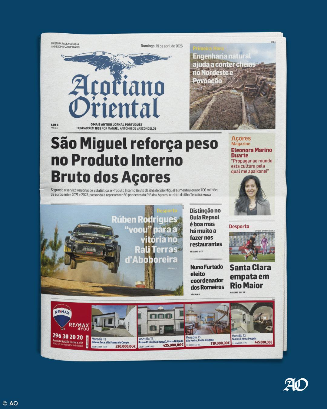 "São Miguel reforça peso no Produto Interno Bruto dos Açores" é a manchete do Açoriano Oriental – Imagem 1