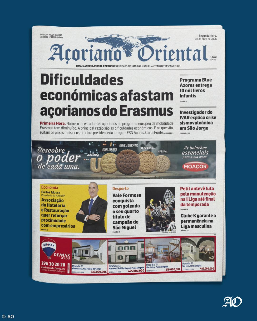 "Dificuldades económicas afastam açorianos do Erasmus" é a manchete do Açoriano Oriental – Imagem 1