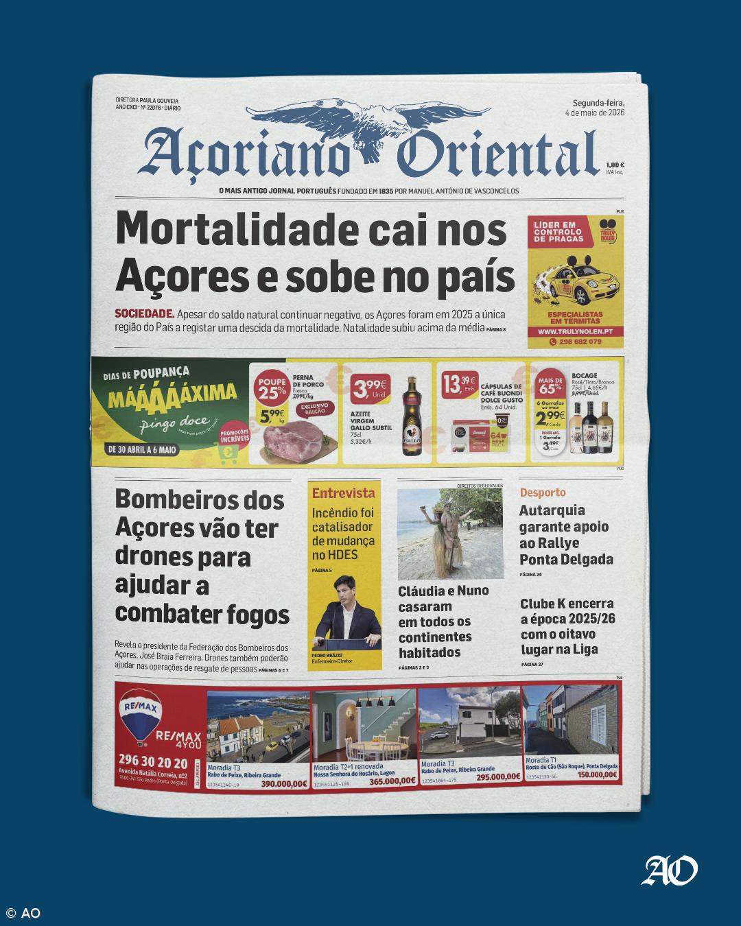"Mortalidade cai nos Açores e sobe no país" é a manchete do Açoriano Oriental – Imagem 1