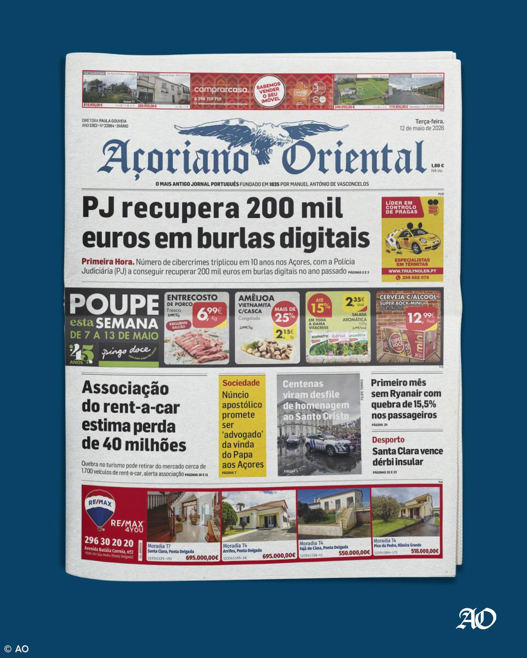 "PJ recupera 200 mil euros em burlas digitais" é a manchete do Açoriano Oriental – Imagem 1