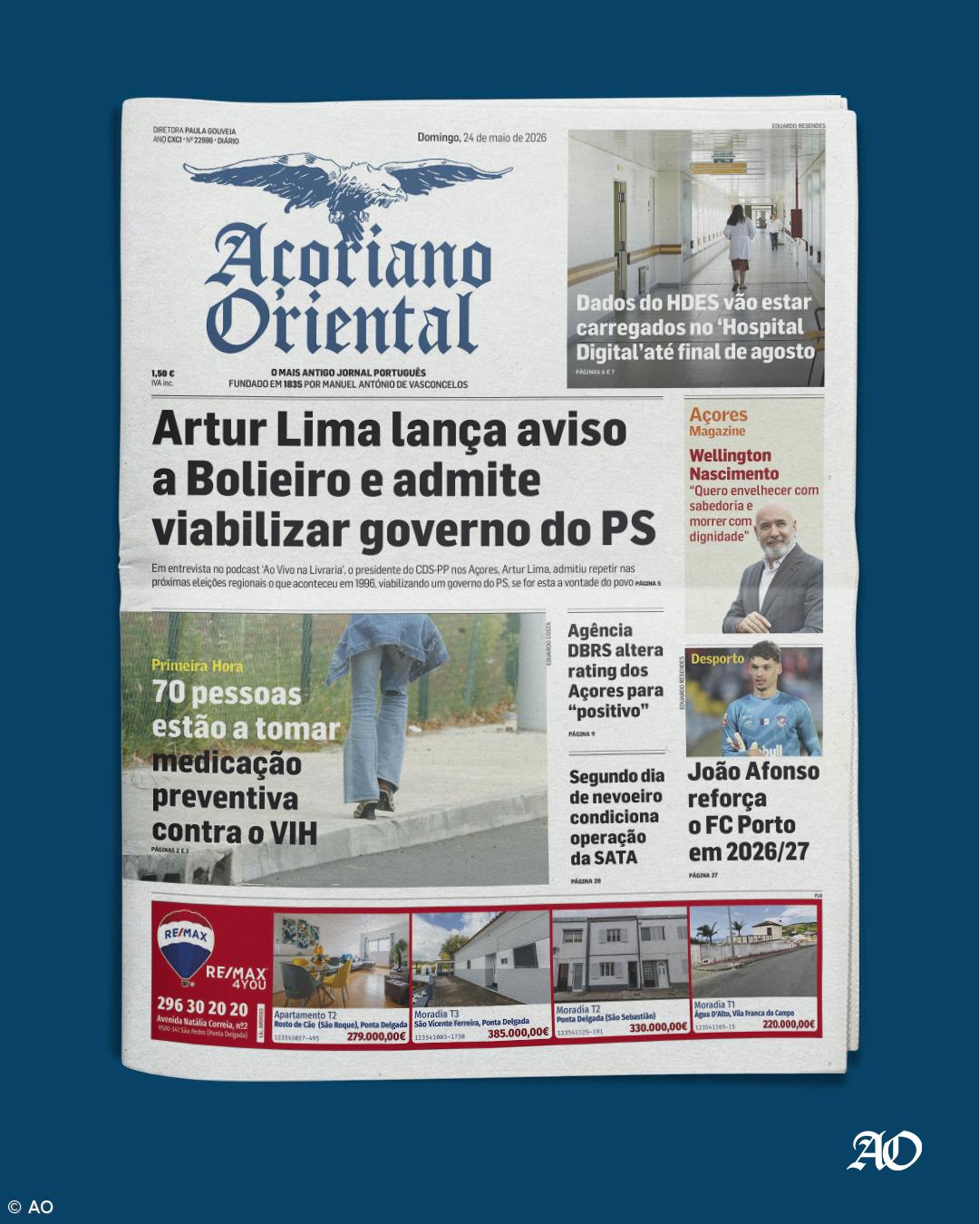 "Artur Lima lança aviso a Bolieiro e admite viabilizar governo do PS" é a manchete do Açoriano Oriental – Imagem 1