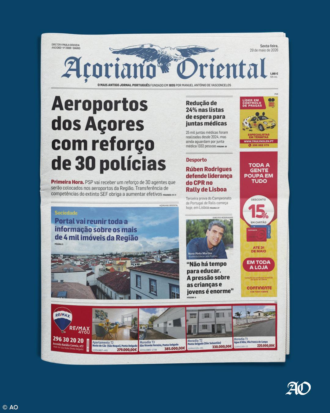 "Aeroportos dos Açores com reforço de 30 polícias" é a manchete do Açoriano Oriental – Imagem 1