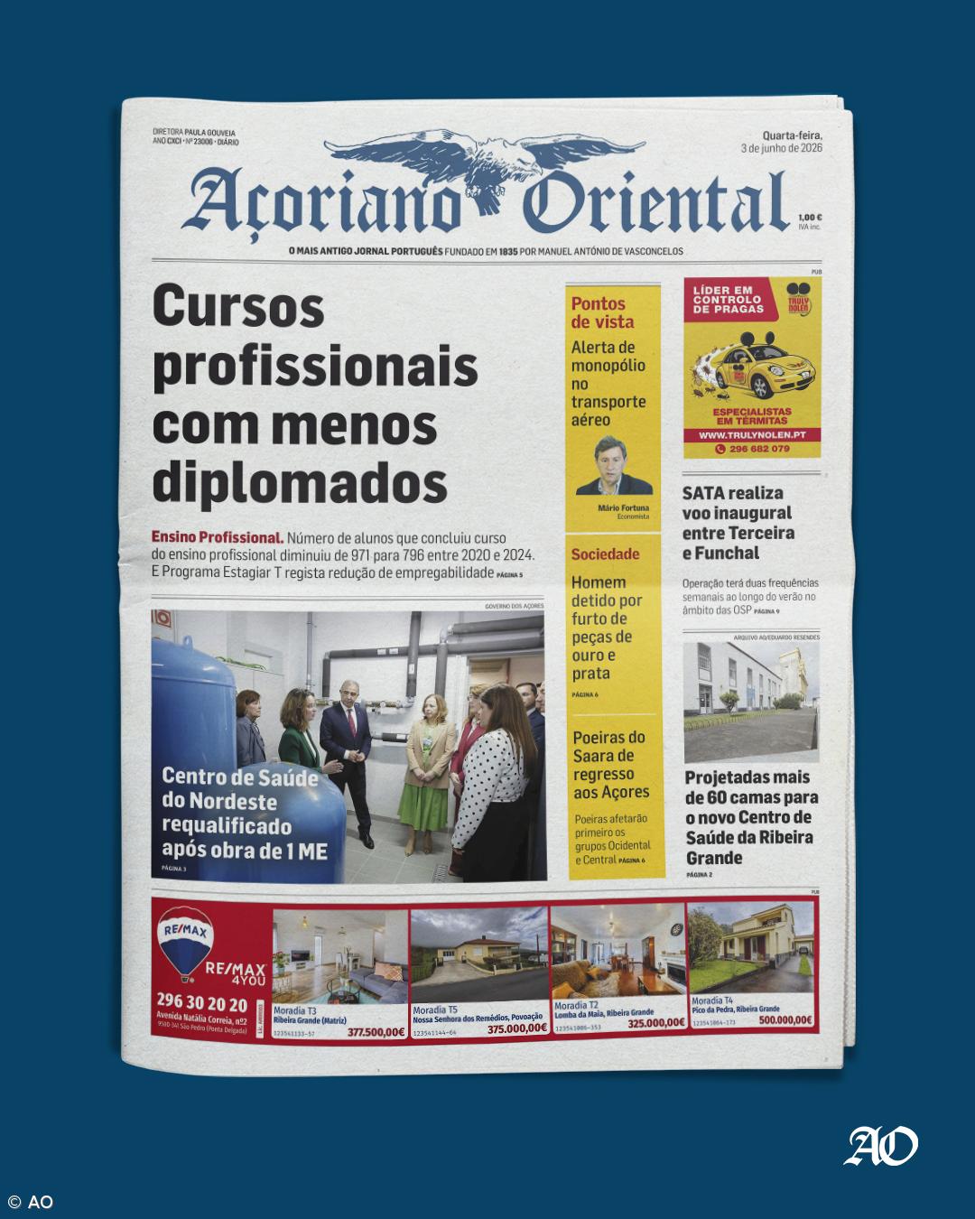 "Cursos Profissionais com menos diplomados" é a manchete do Açoriano Oriental – Imagem 1