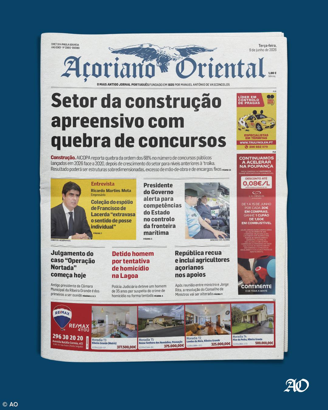 "Setor da construção apreensivo com quebra de concursos" é a manchete do Açoriano Oriental – Imagem 1