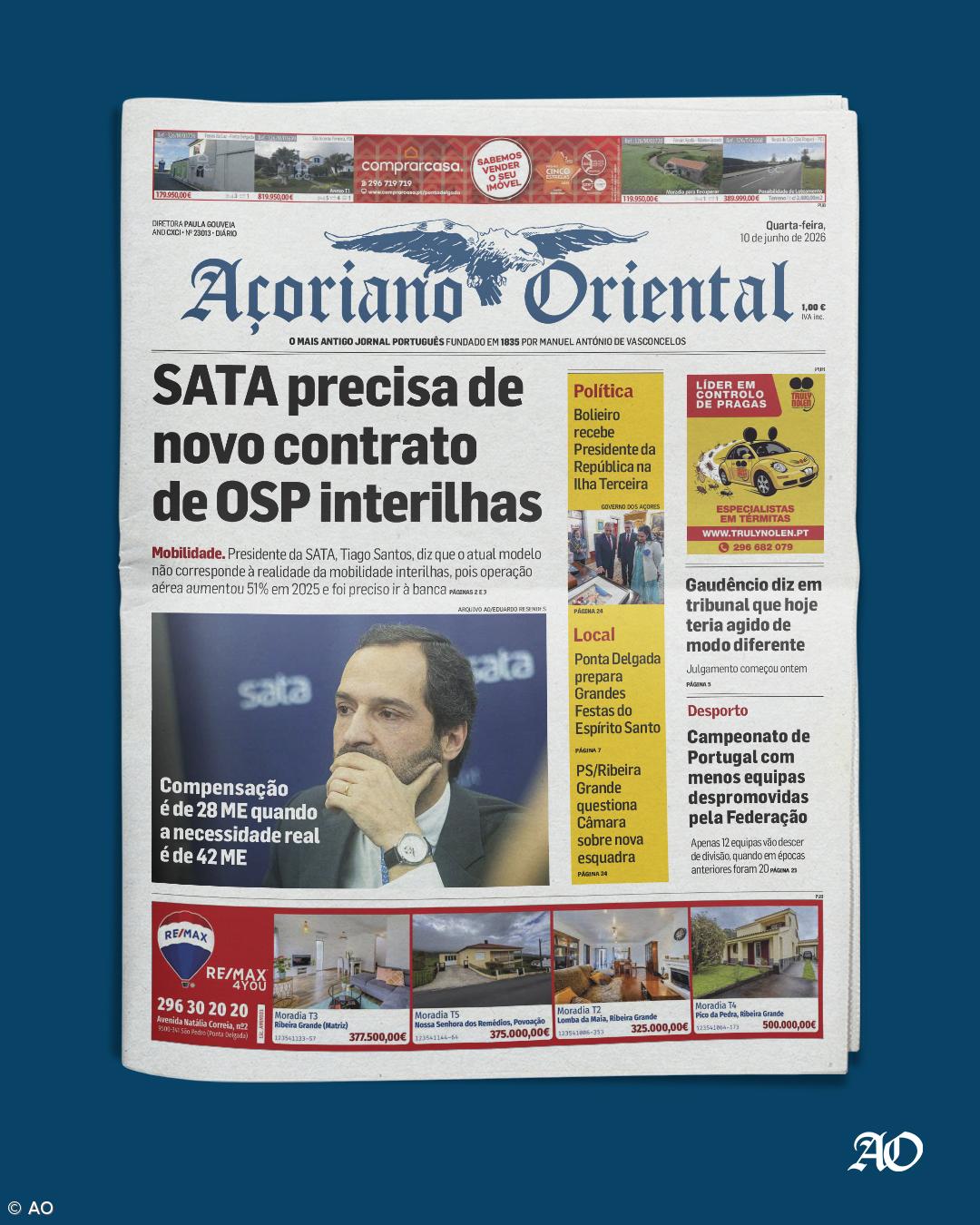 "SATA precisa de novo contrato de OSP interilhas" é a manchete do Açoriano Oriental – Imagem 1