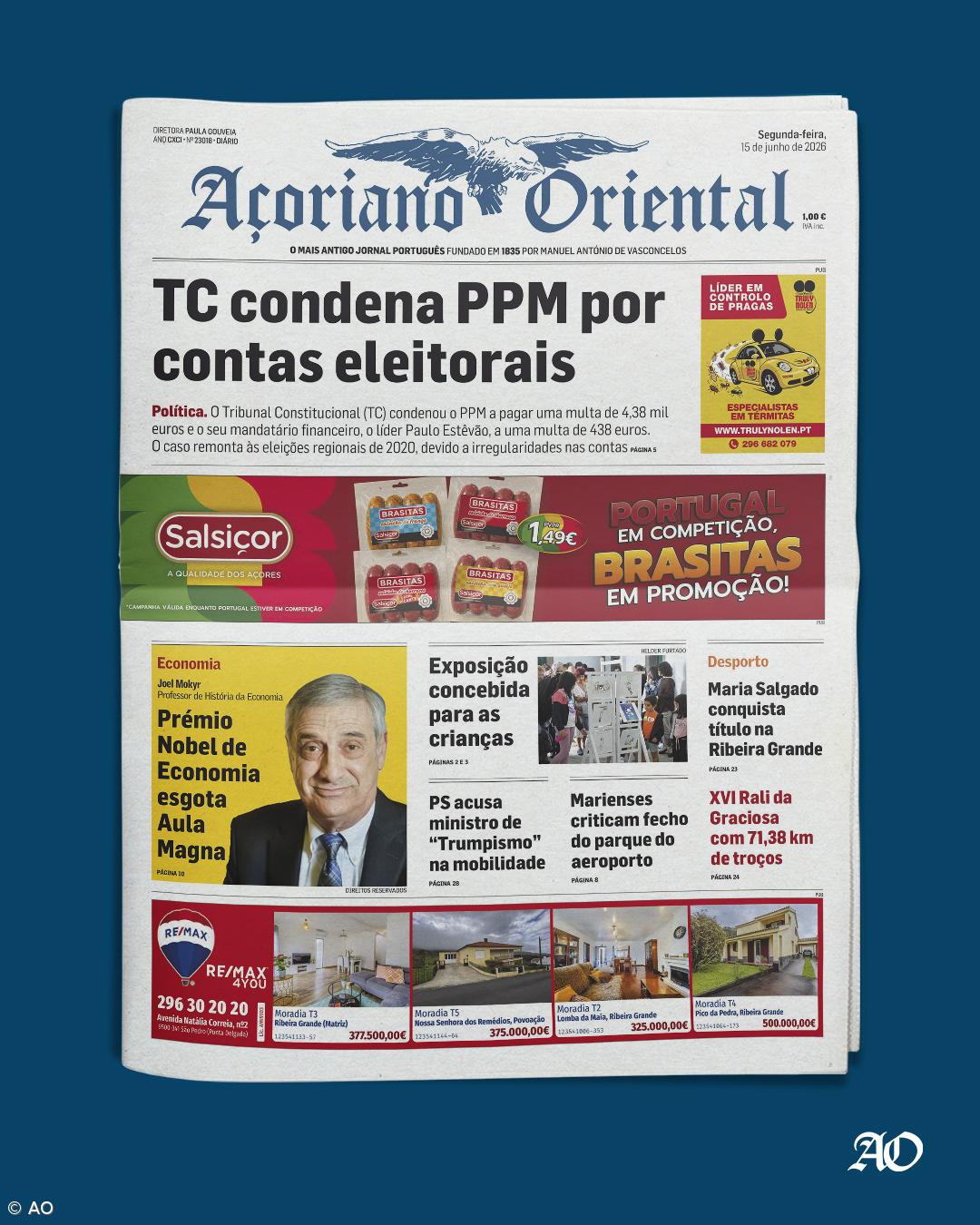 "TC condena PPM por contas eleitorais" é a manchete do Açoriano Oriental – Imagem 1