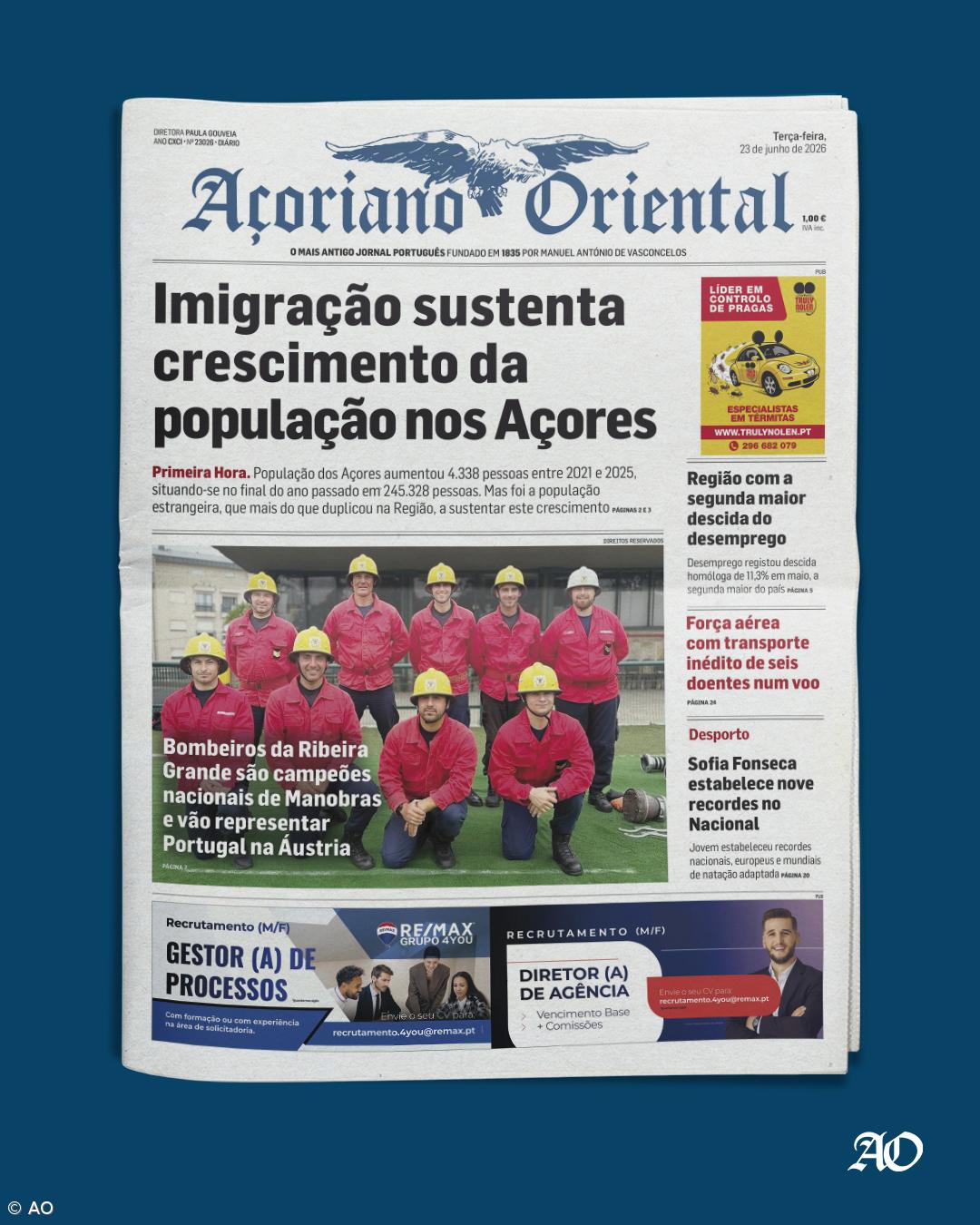 "Imigração sustenta crescimento da população nos Açores" é a manchete do Açoriano Oriental – Imagem 1