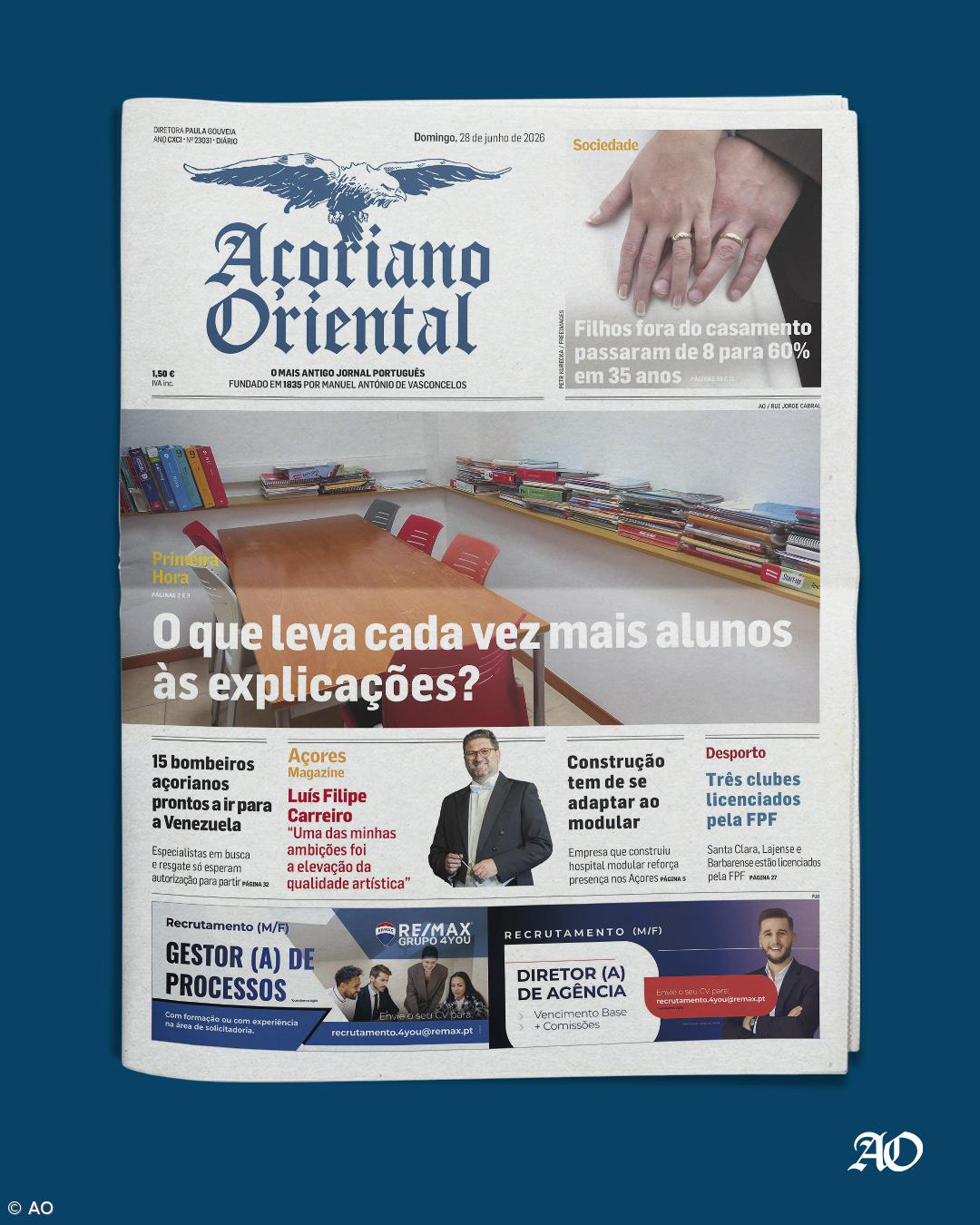 A reportagem sobre "O que leva cada vez mais alunos às explicações?" é a manchete do Açoriano Oriental – Imagem 1