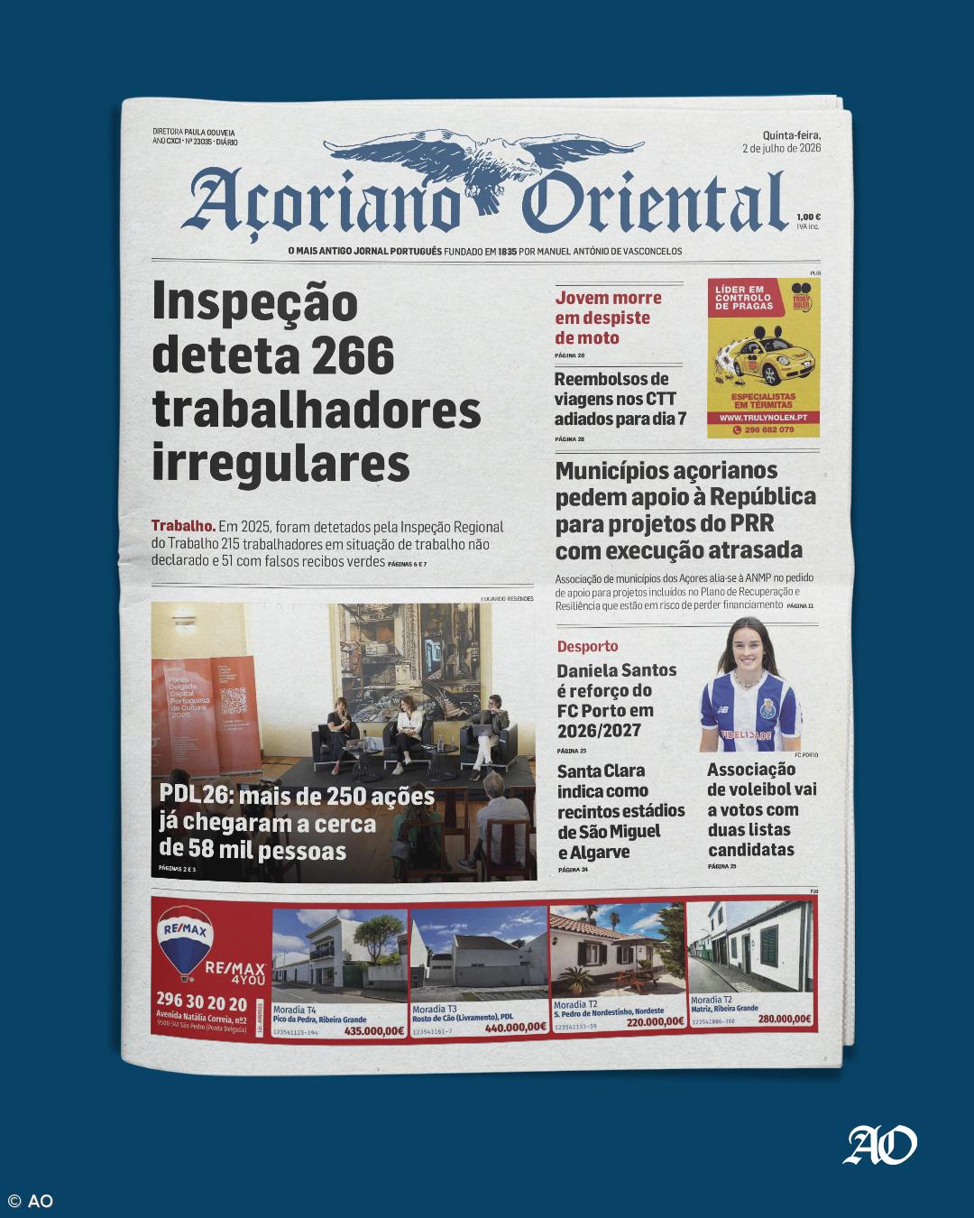 "Inspeção deteta 266 trabalhadores irregulares" é a manchete do Açoriano Oriental – Imagem 1