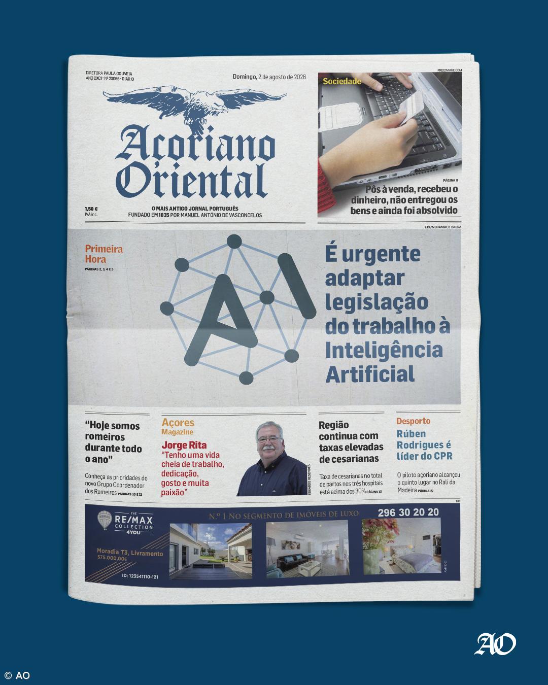 "É urgente adaptar legislação do trabalho à Inteligência Artificial" é a manchete do Açoriano Oriental – Imagem 1