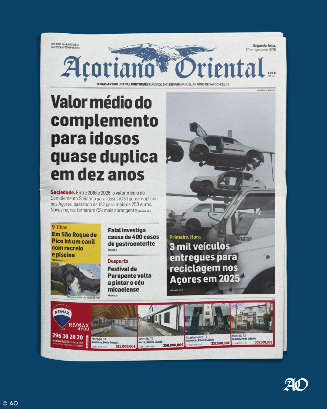 "Valor médio do complemento para idosos quase duplica em dez anos" é a manchete do Açoriano Oriental – Imagem 1