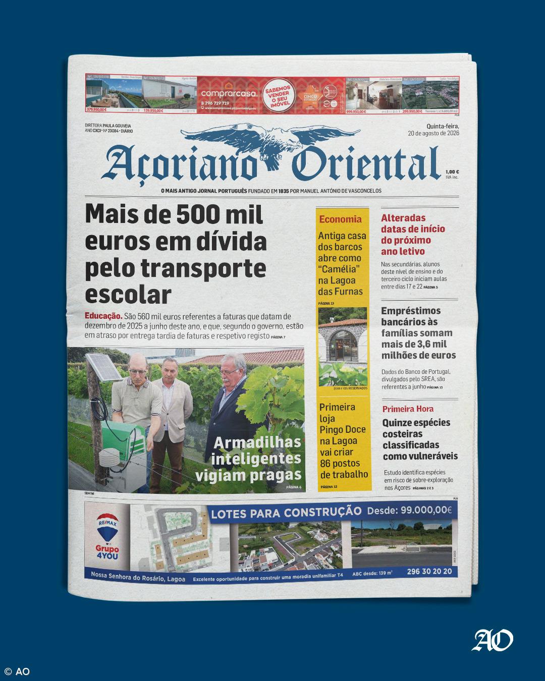 "Mais de 500 mil euros em dívida pelo transporte escolar" é a manchete do Açoriano Oriental – Imagem 1