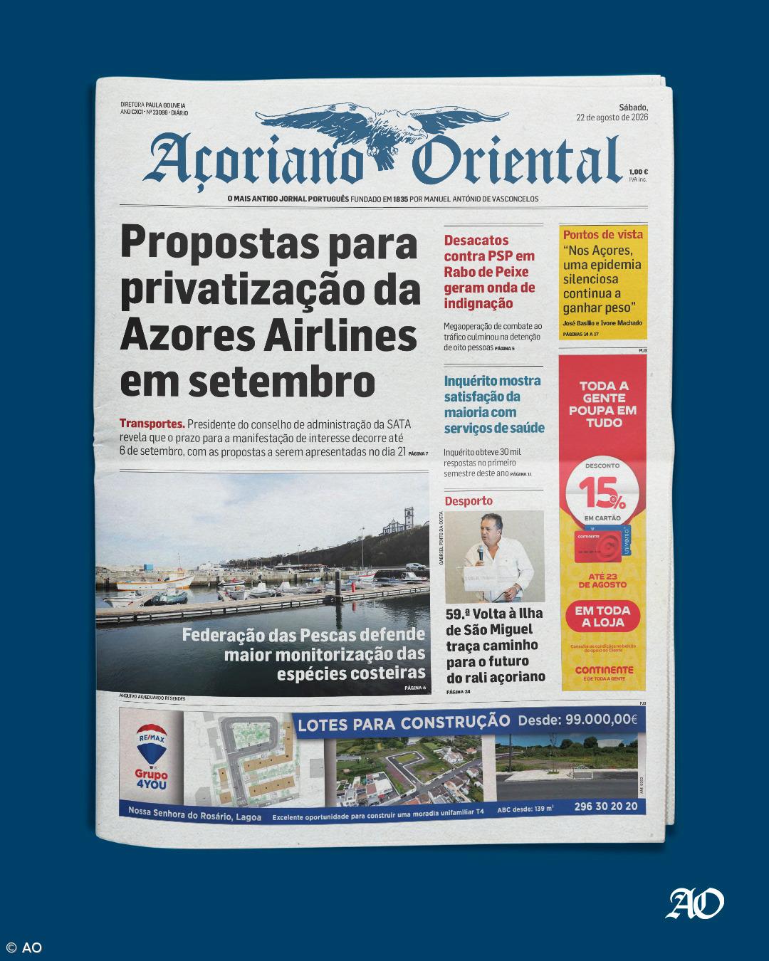 "Propostas para privatização da Azores Airlines em setembro" é a manchete do Açoriano Oriental – Imagem 1