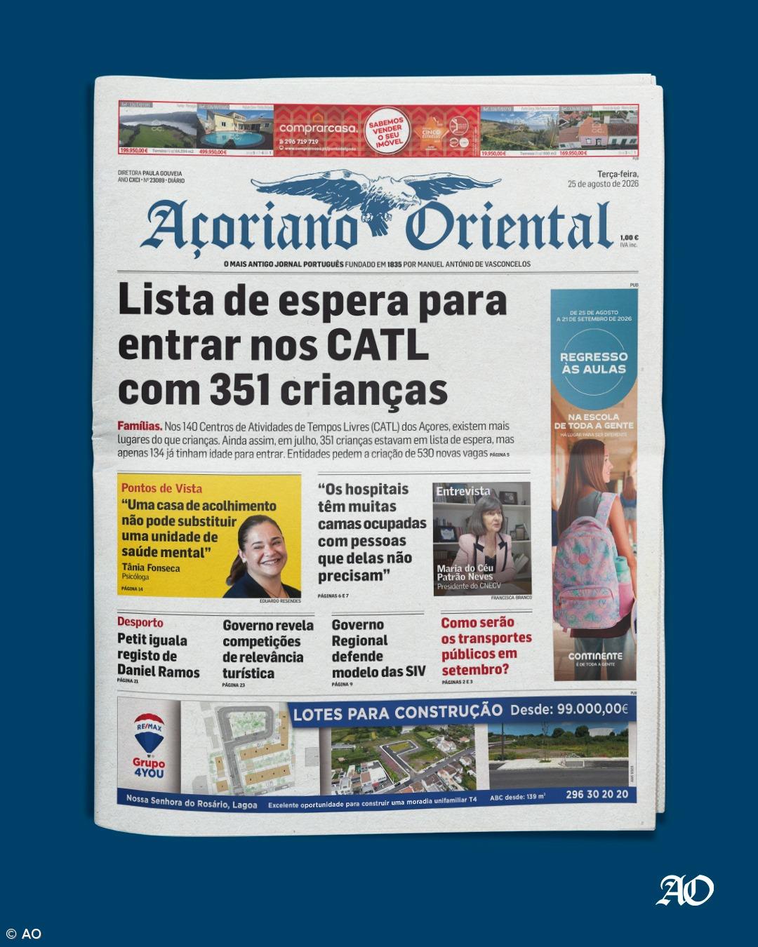 "Lista de espera para entrar nos CATL com 351 crianças" é a manchete do Açoriano Oriental – Imagem 1