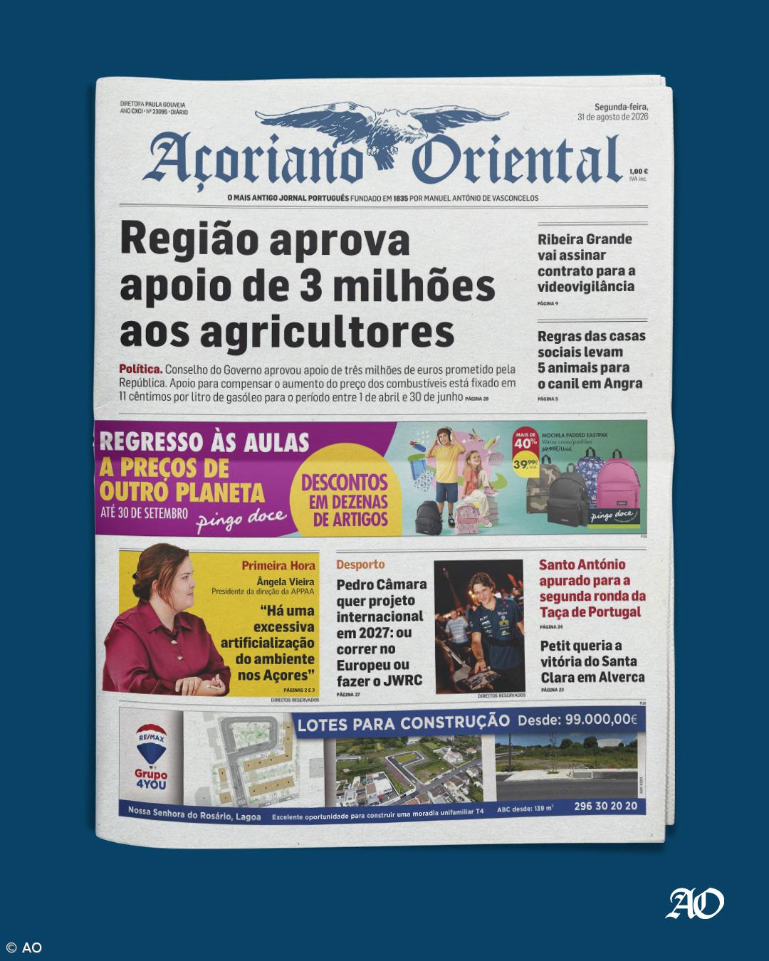"Região aprova apoio de 3 milhões aos agricultores" é a manchete do Açoriano Oriental – Imagem 1