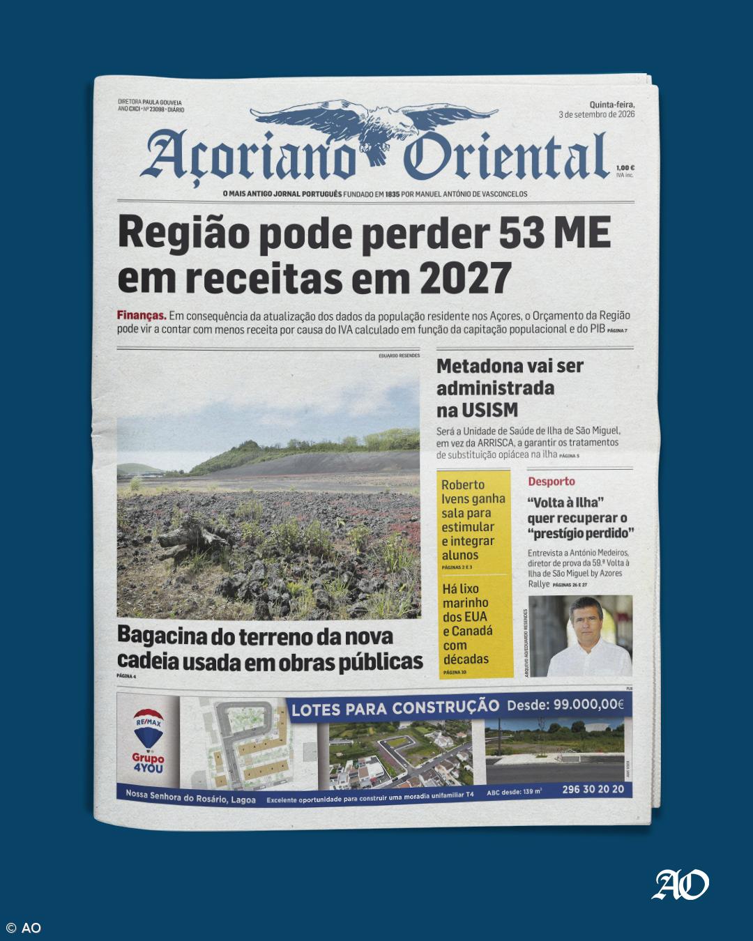 "Região pode perder 53 ME em receitas em 2027" é a manchete do Açoriano Oriental – Imagem 1