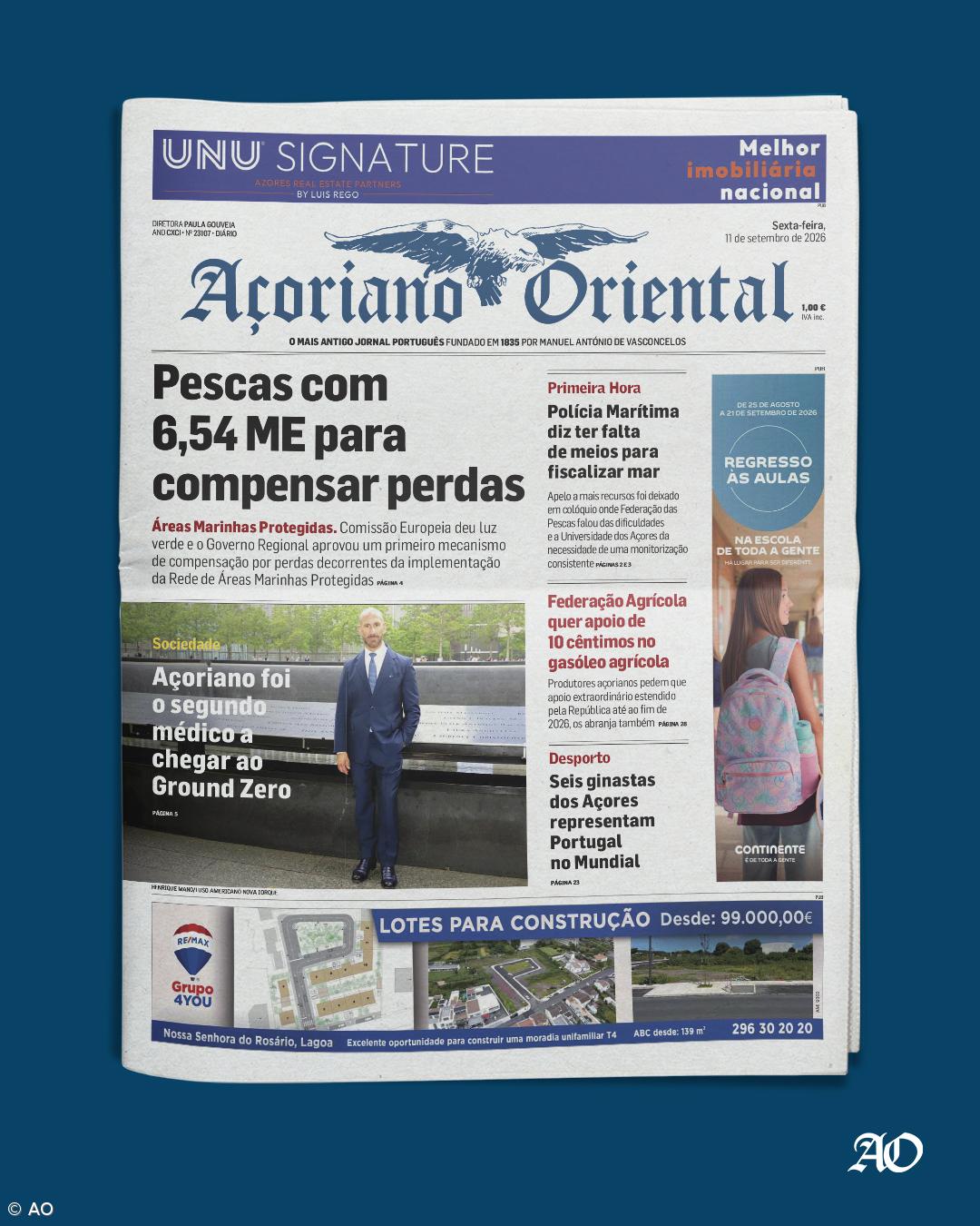 "Pescas com 6,54 milhões de euros (ME) para compensar perdas" é a manchete do Açoriano Oriental – Imagem 1