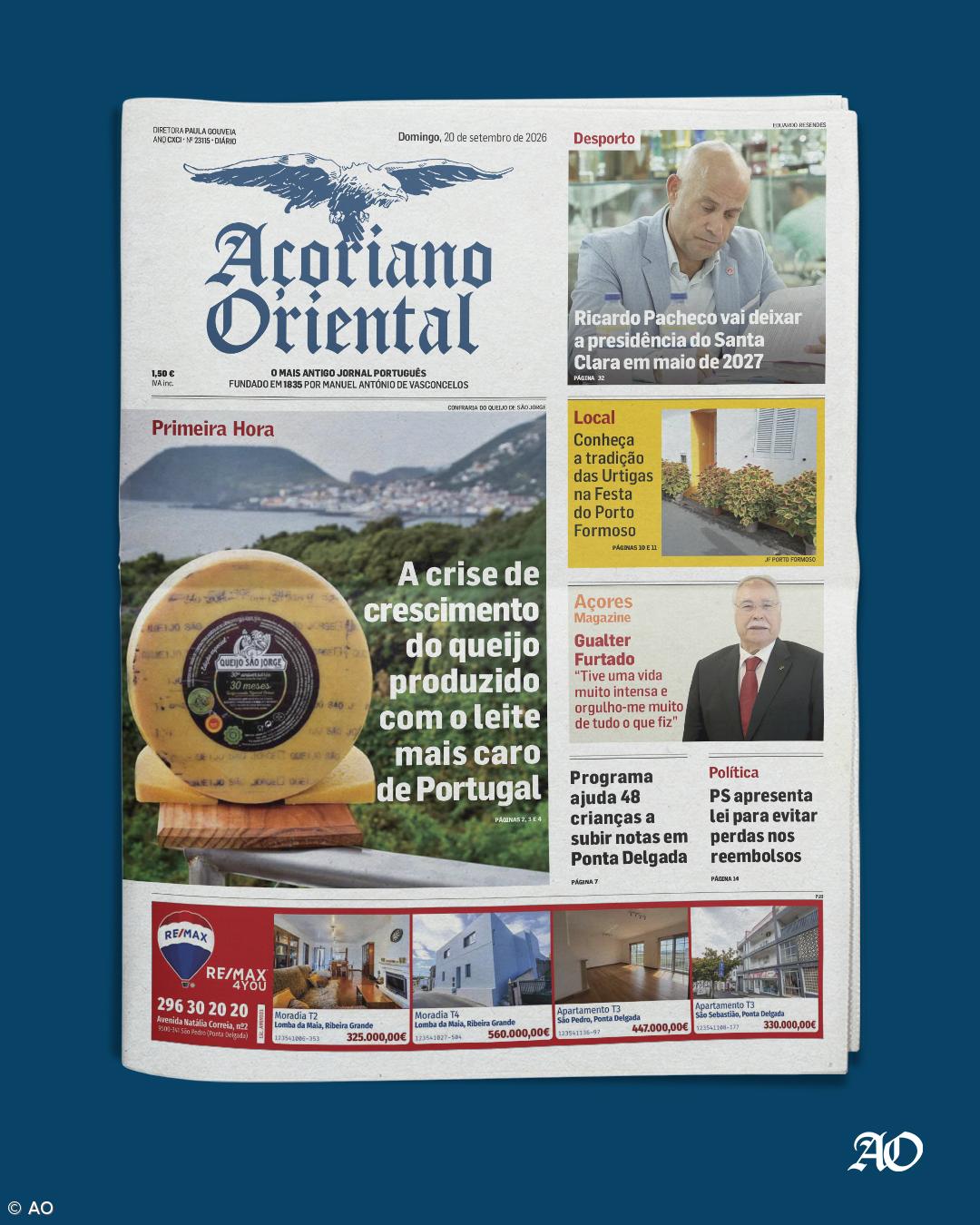 "A crise de crescimento do queijo produzido com o leite mais caro de Portugal" é a manchete do Açoriano Oriental – Imagem 1