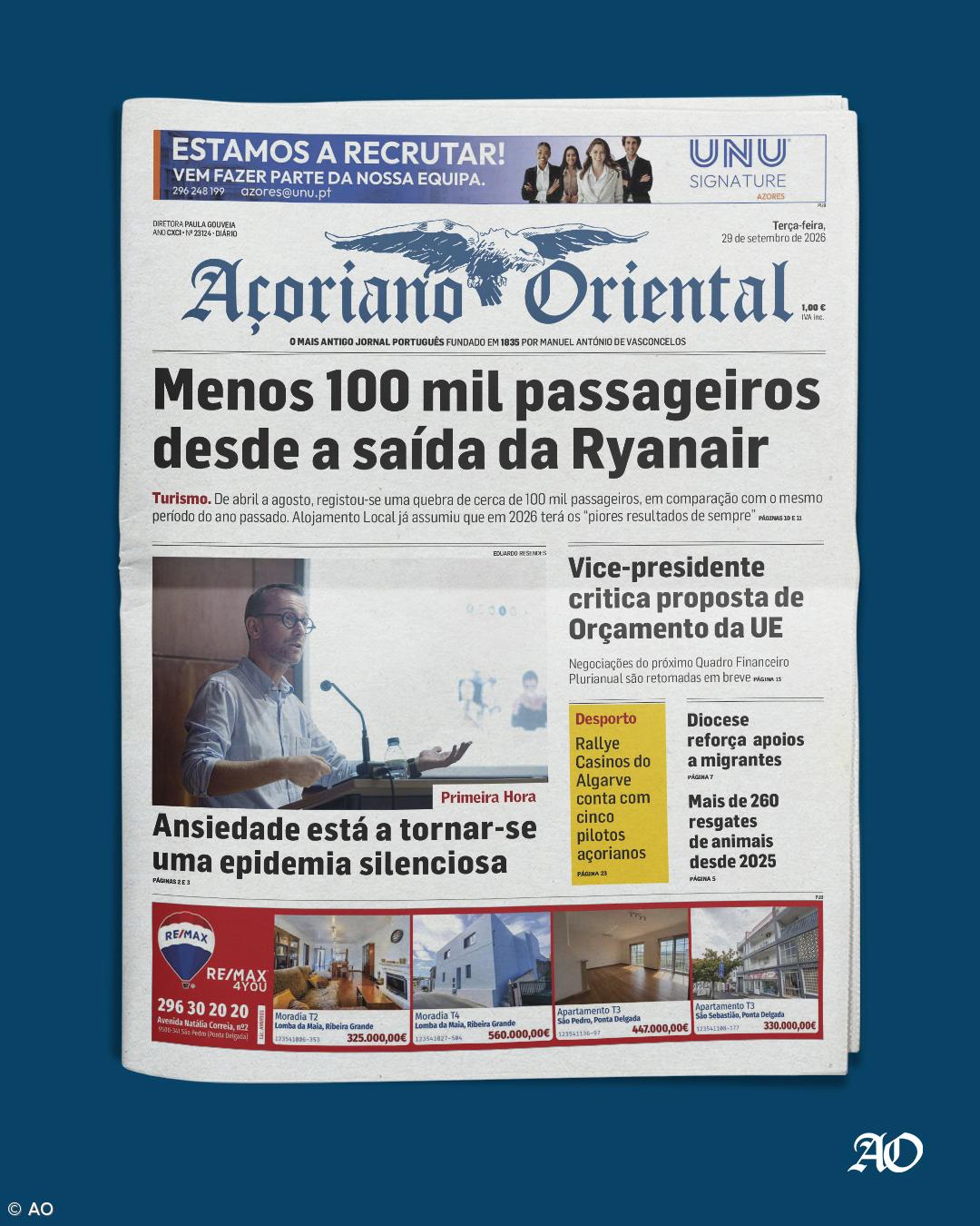 "Menos 100 mil passageiros desde a saída da Ryanair" é a manchete do Açoriano Oriental – Imagem 1