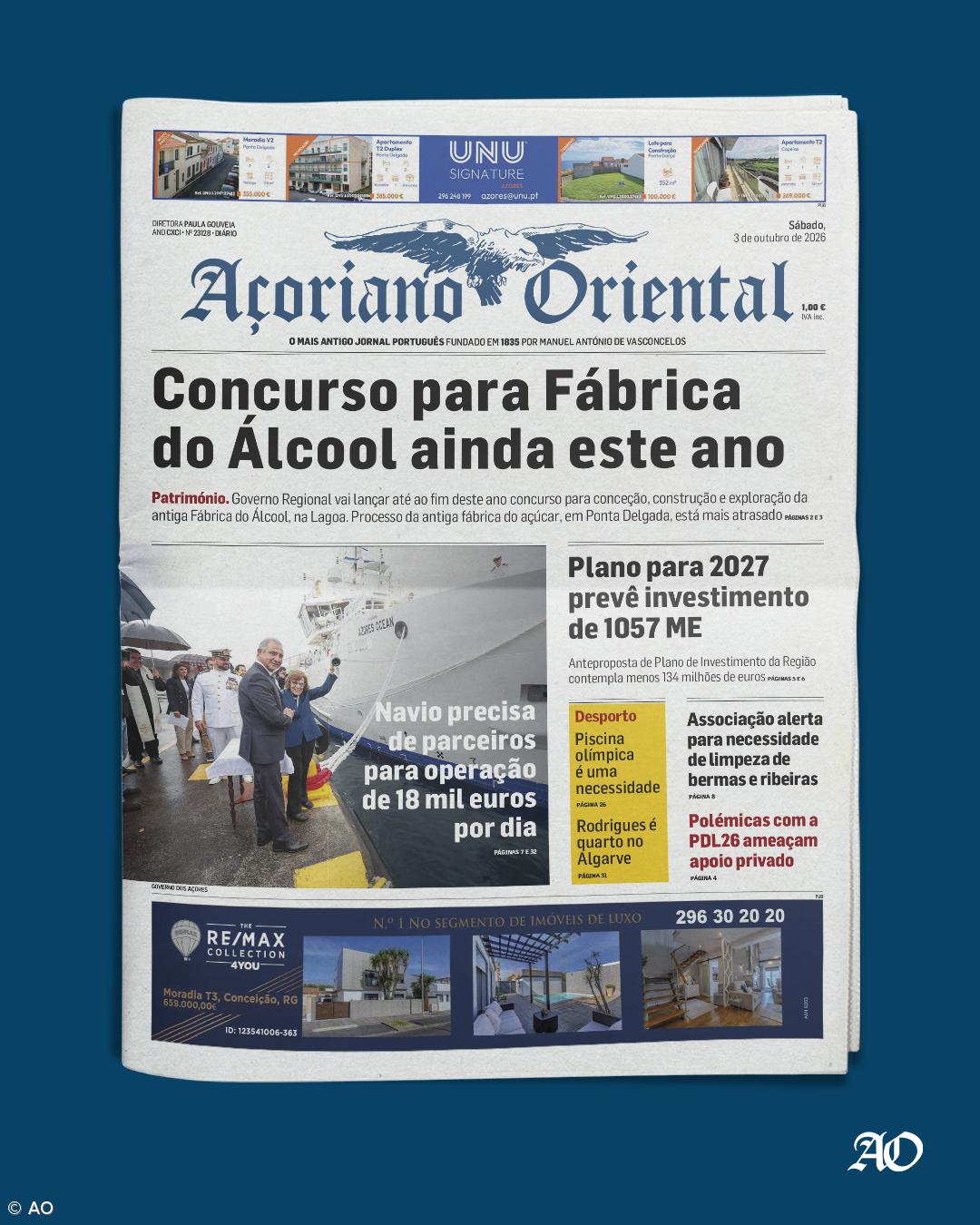 "Concurso para Fábrica do Álcool ainda este ano" é a manchete do Açoriano Oriental – Imagem 1