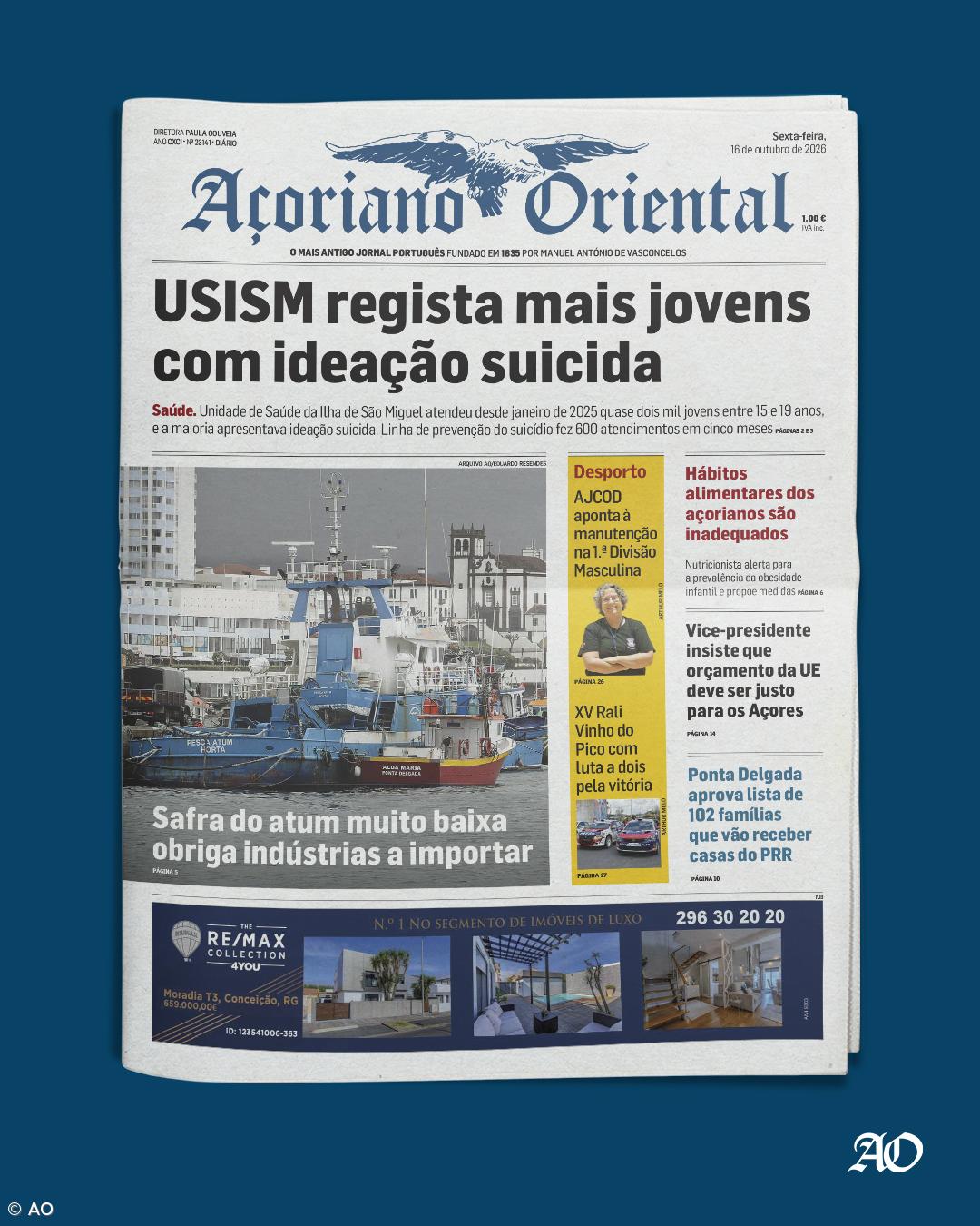 "USISM regista mais jovens com ideação suicida" é a manchete do Açoriano Oriental – Imagem 1