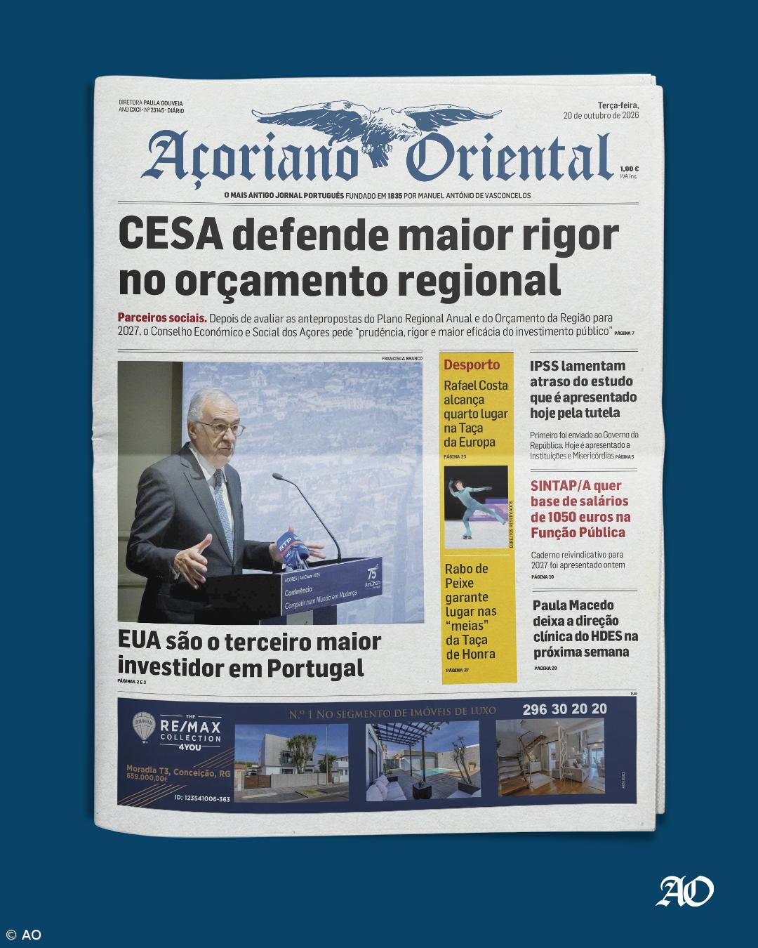 "CESA defende maior rigor no orçamento regional" é a manchete do Açoriano Oriental – Imagem 1