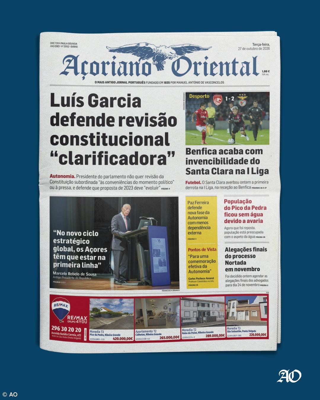 "Luís Garcia defende revisão constitucional 'clarificadora'" é a manchete do Açoriano Oriental – Imagem 1